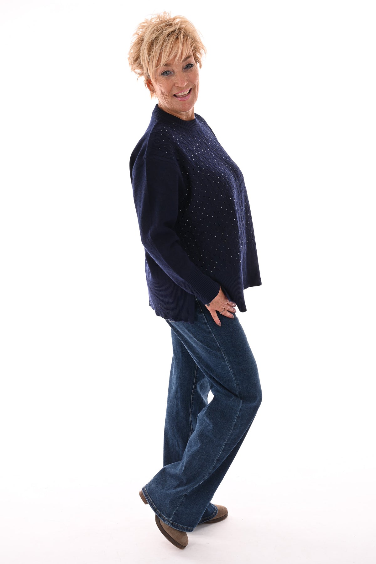 Trui kabels strass marineblauw