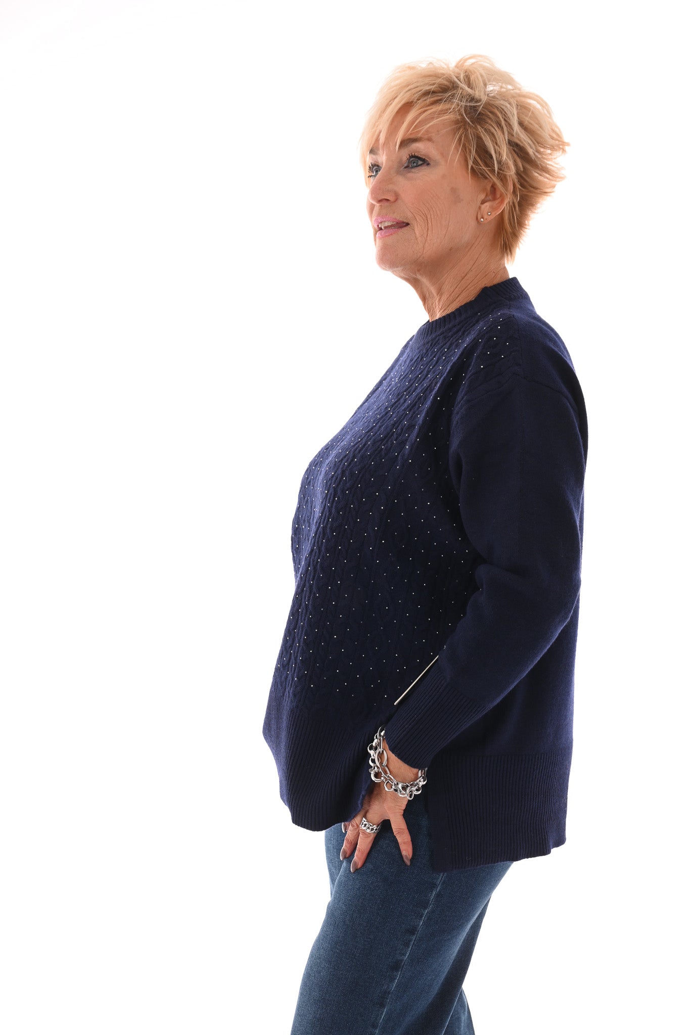 Trui kabels strass marineblauw