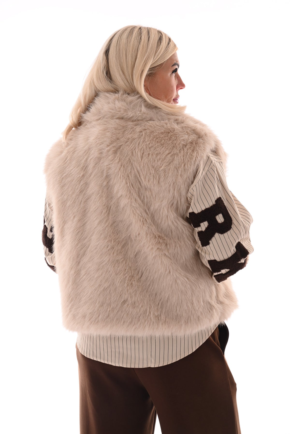 Faux fur bodywarmer met zakken beige