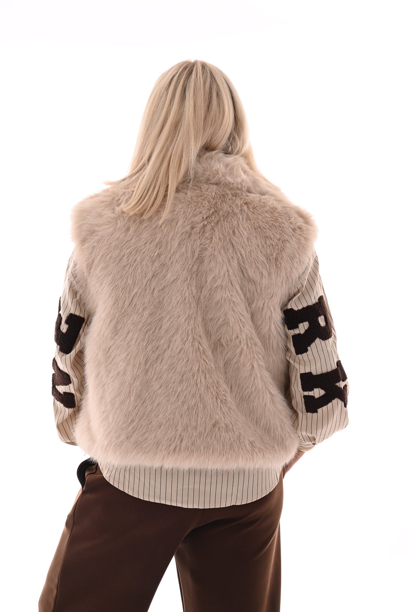 Faux fur bodywarmer met zakken beige
