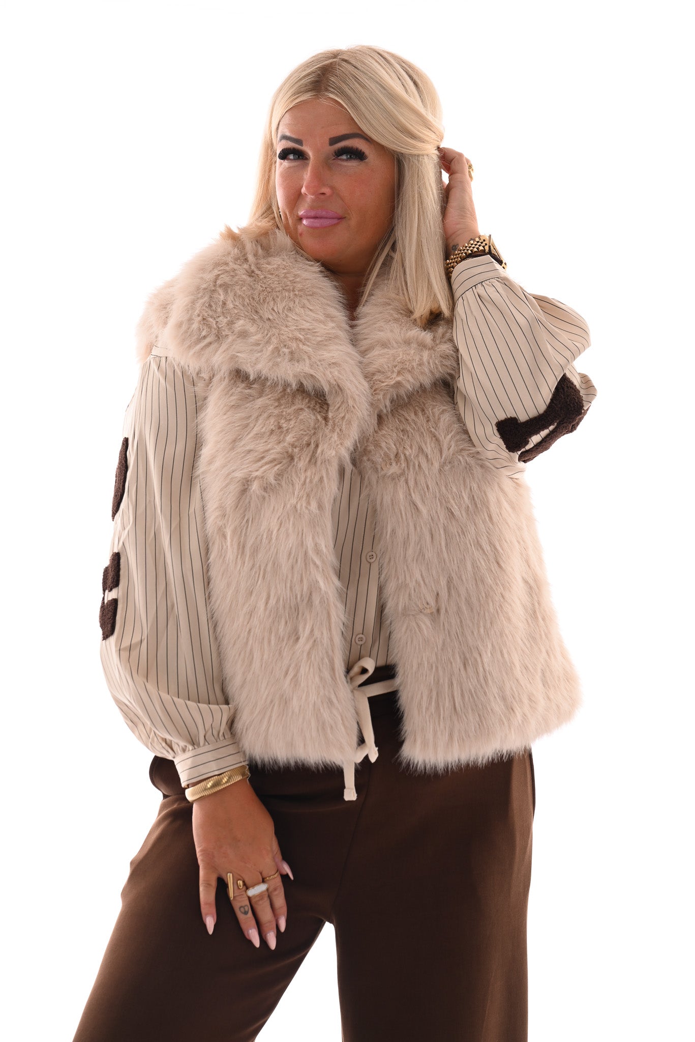 Faux fur bodywarmer met zakken beige