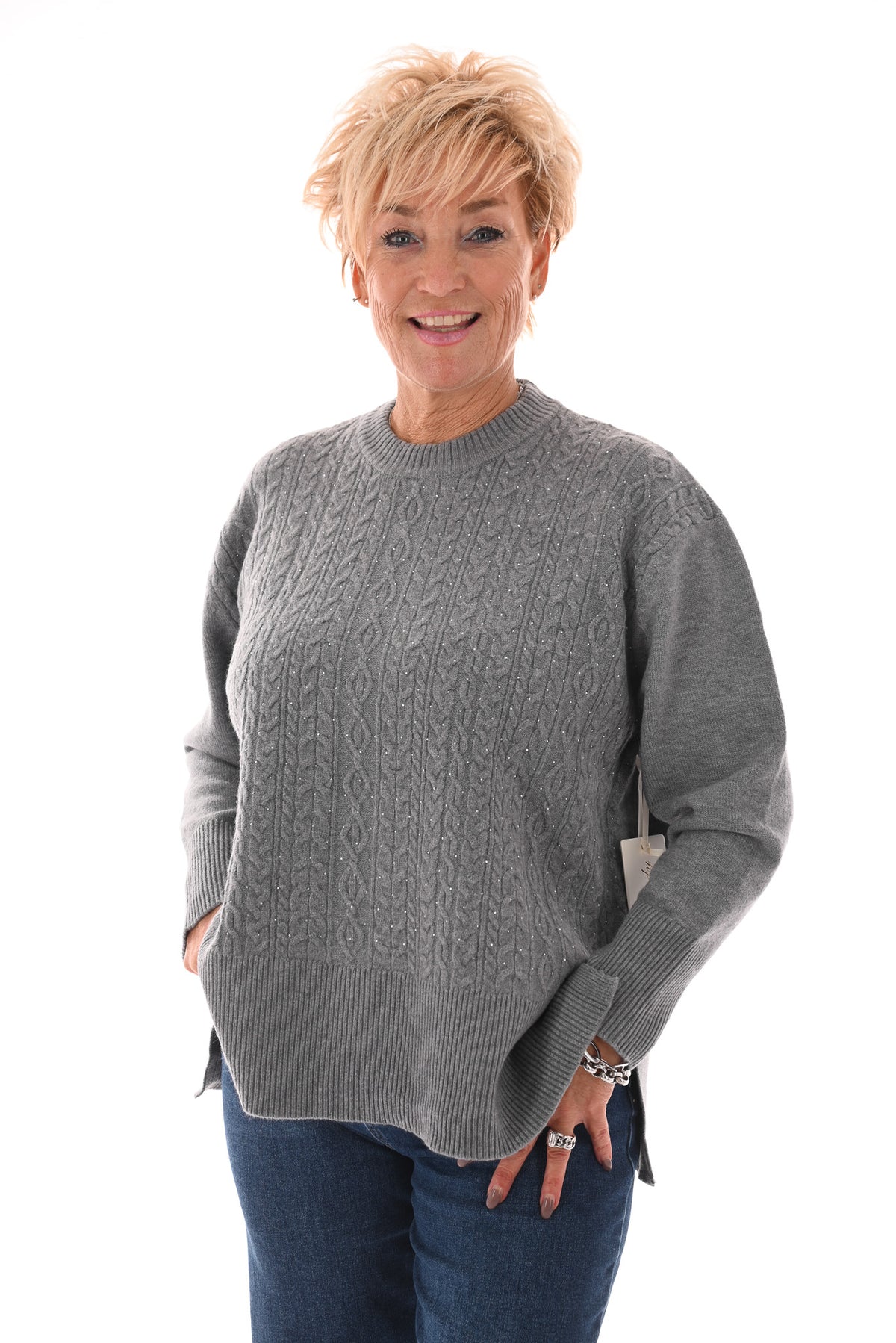 Trui kabels strass grijs