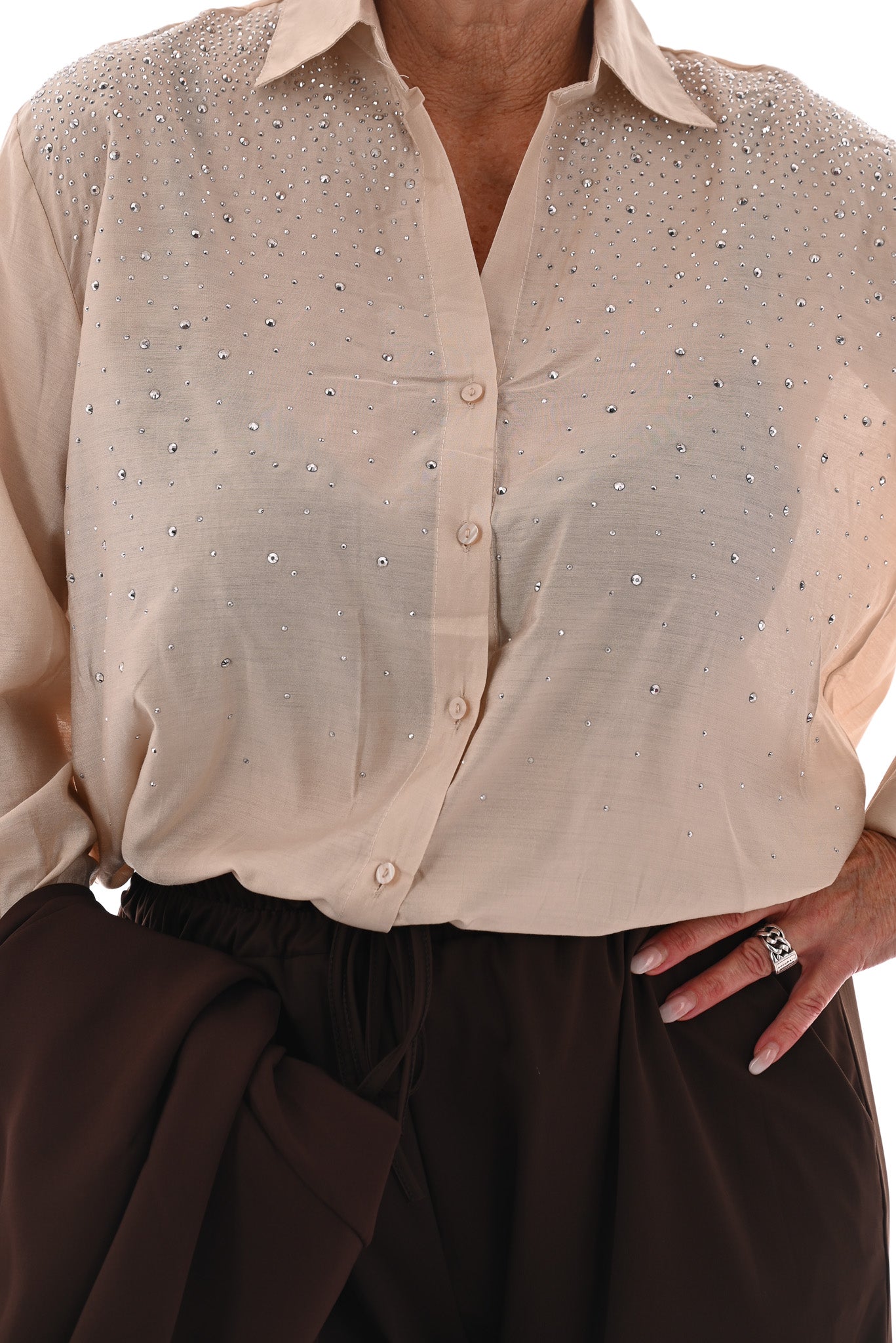 Blouse met strass beige