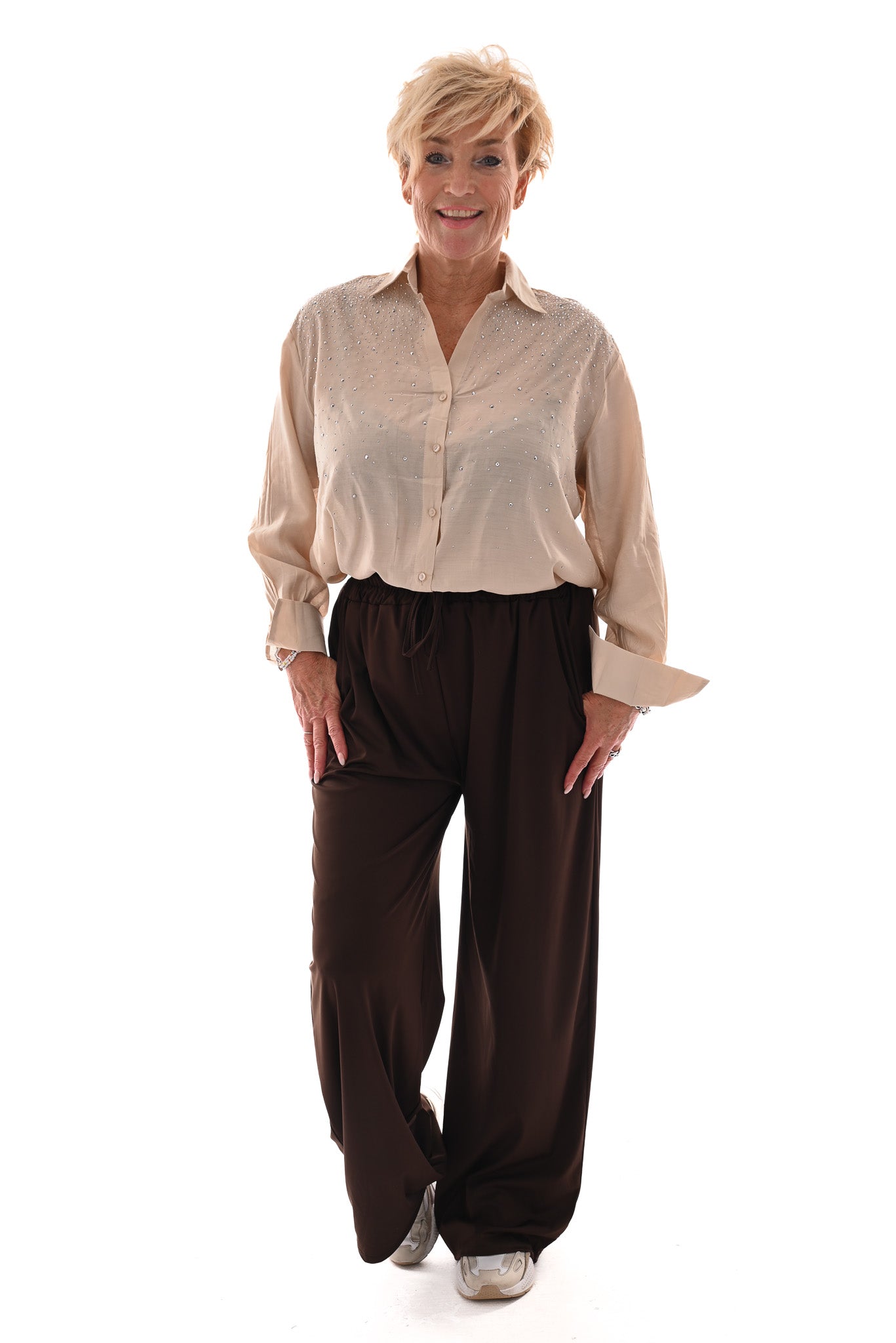 Blouse met strass beige