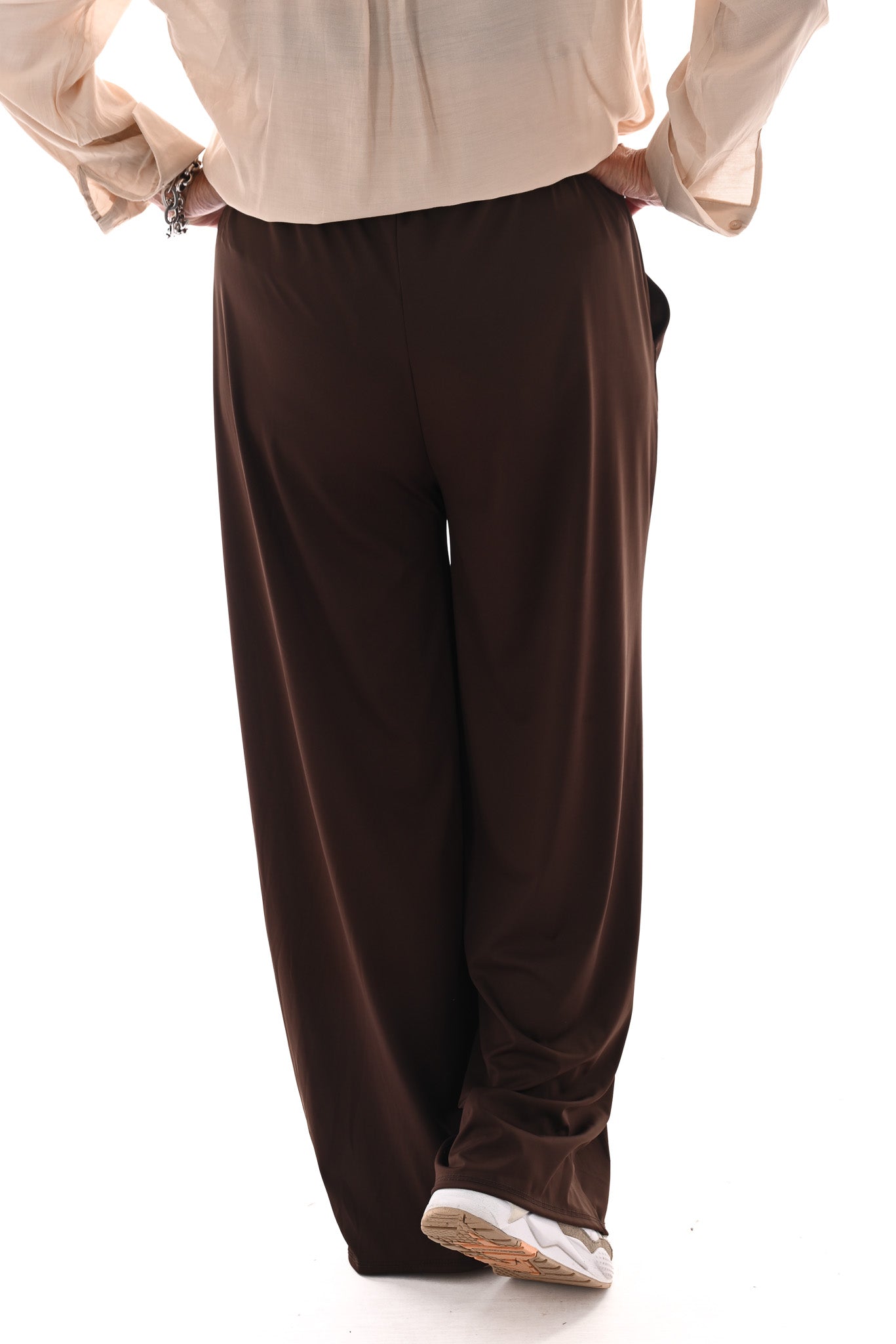 Wijde travel broek met aantrekkoord donkerbruin