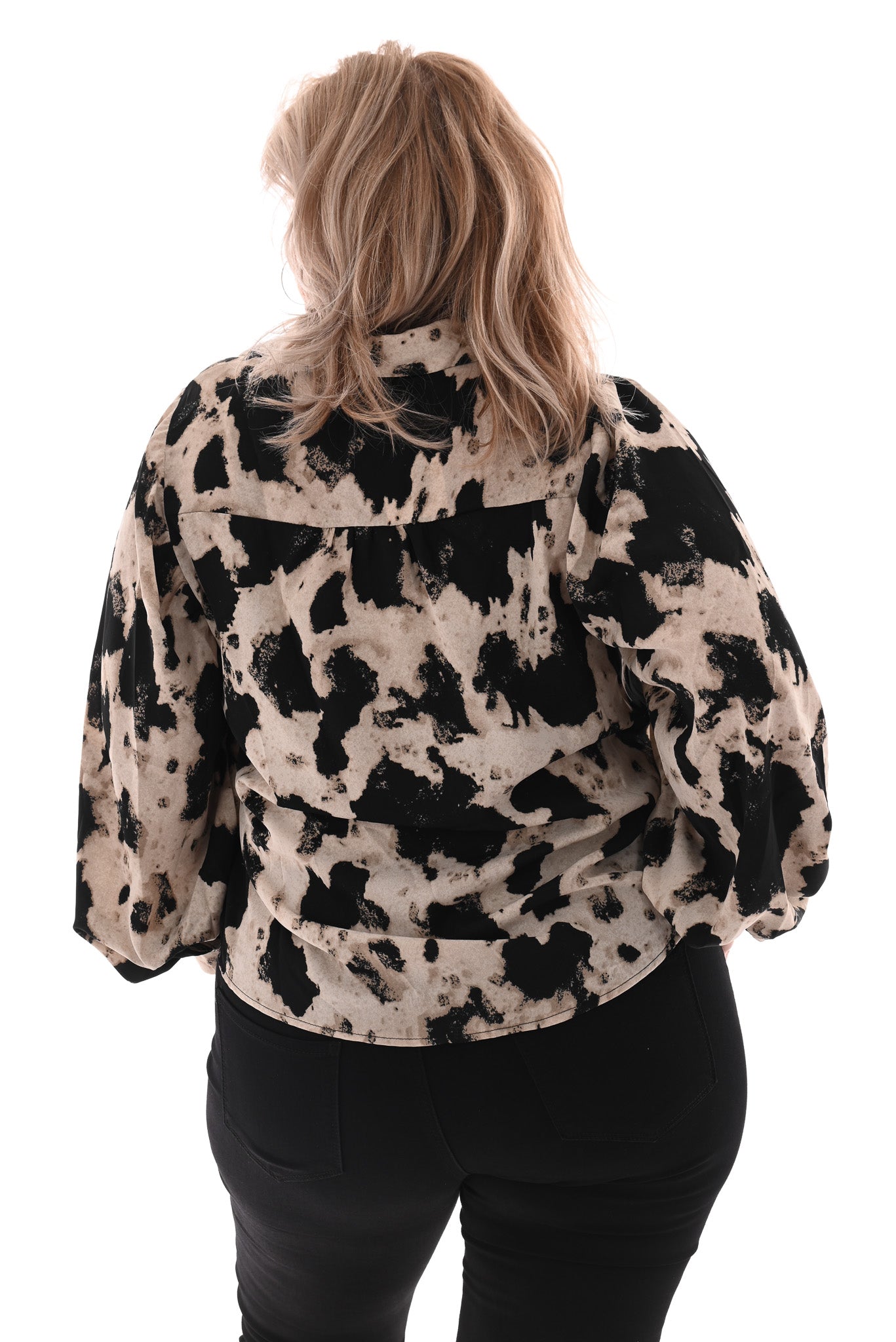Blouse gevlekt met pofmouwen zwart/roomwit