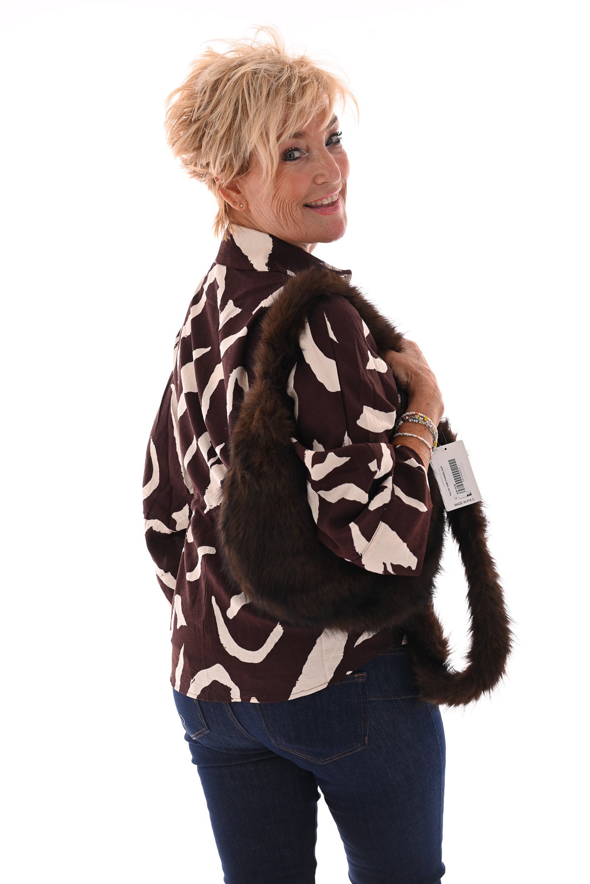 Blouse abstracte print donkerbruin