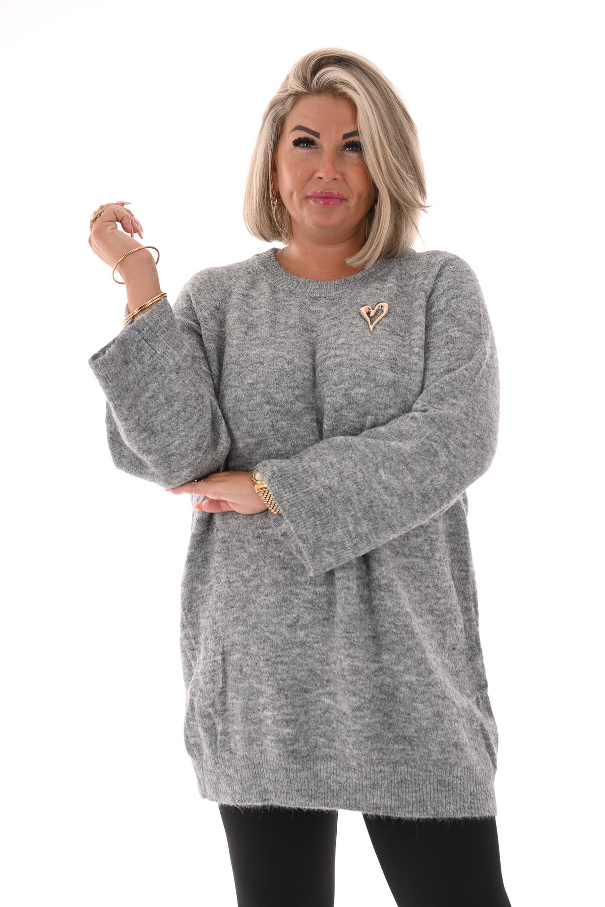 fijn gebreide trui met ronde hals lichtgrijs