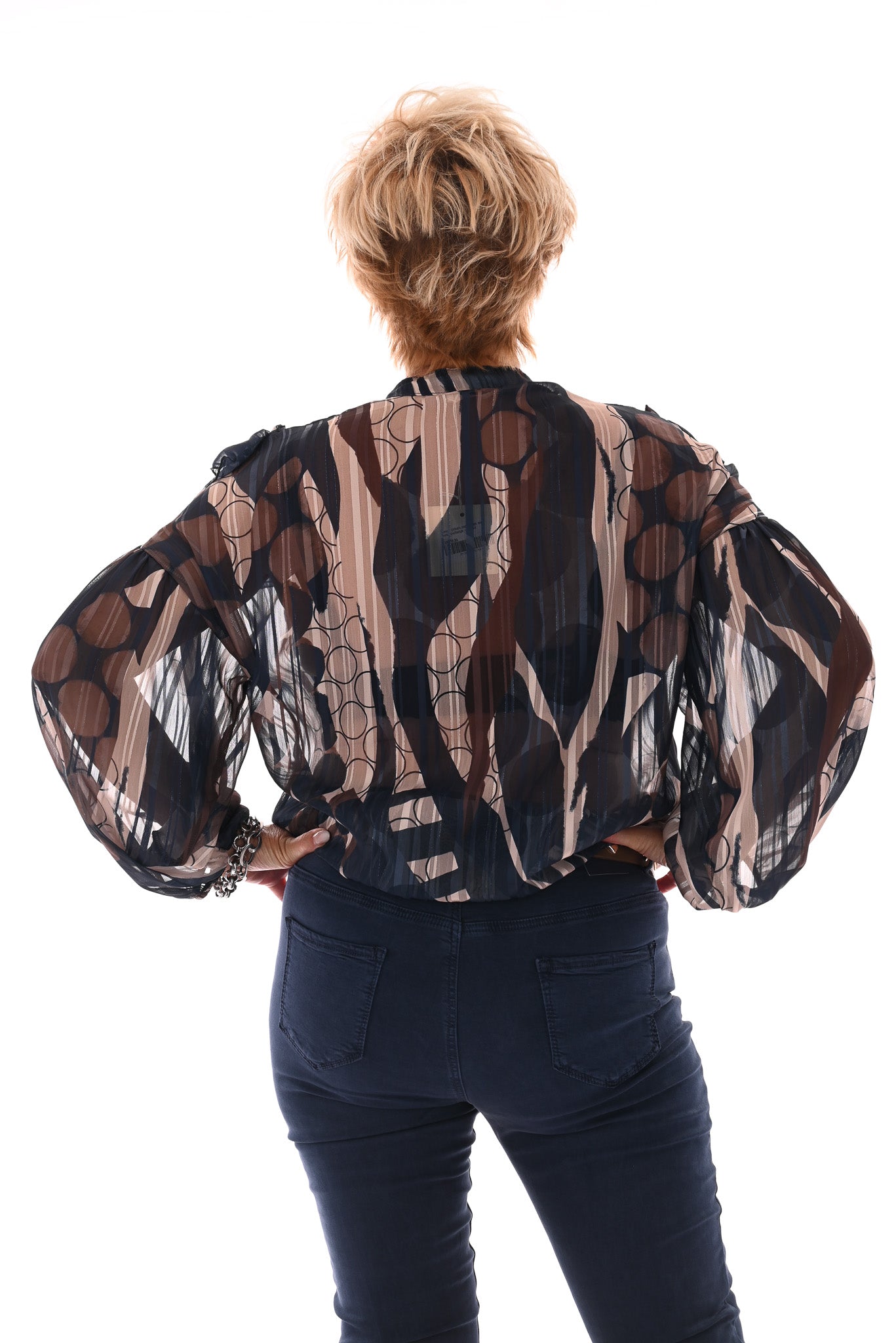 Blouse cirkels met ruffles marineblauw/beige