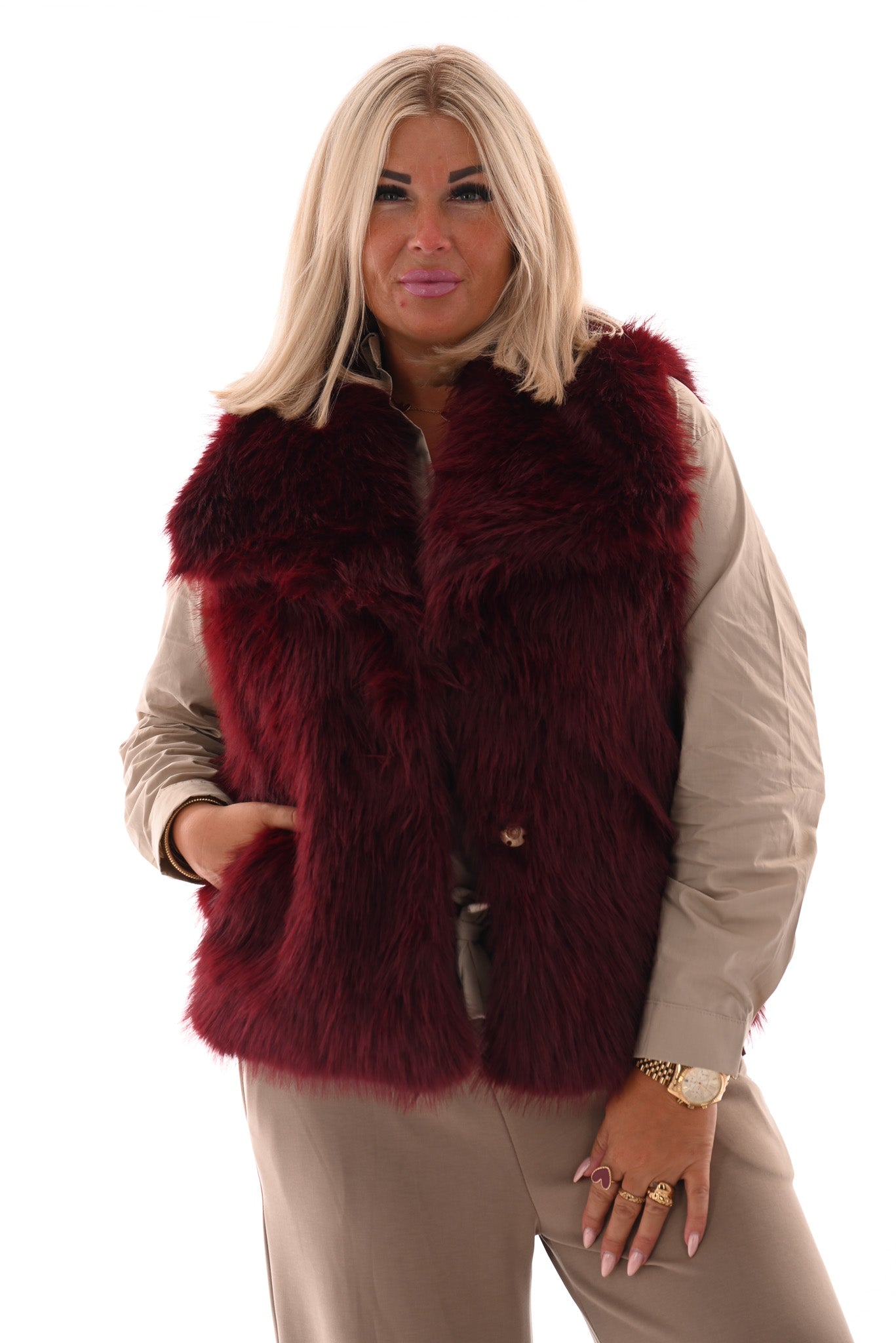 Faux fur bodywarmer met zakken bordeaux