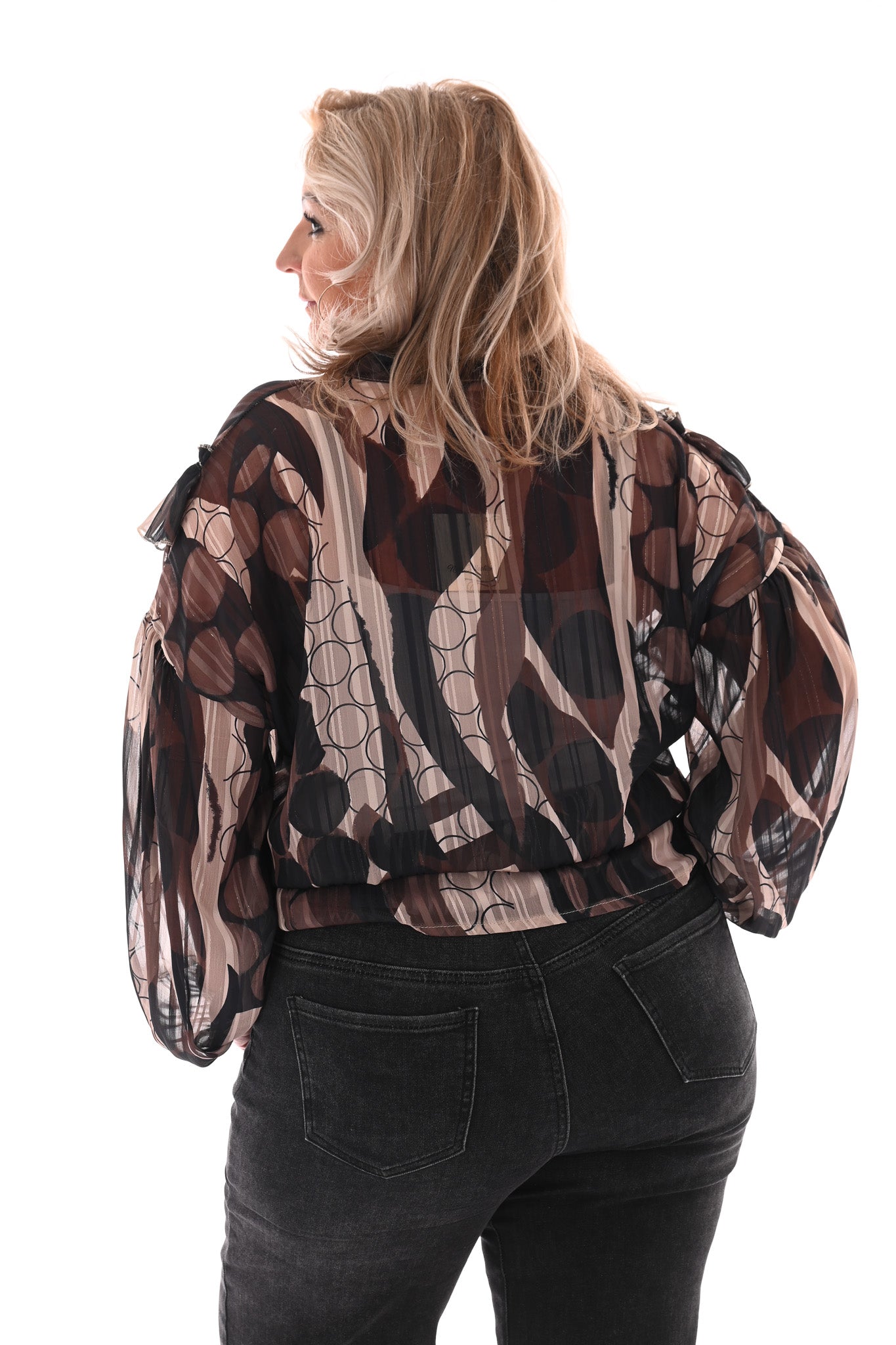 Blouse cirkels met ruffles zwart/bruin