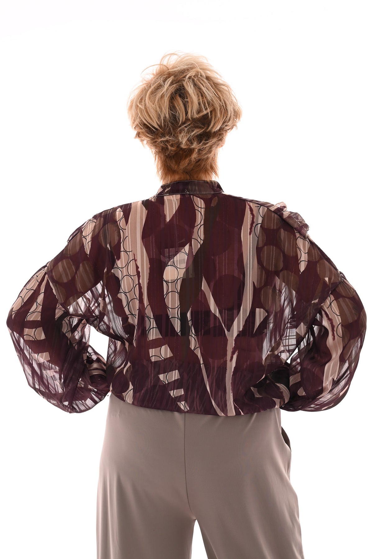 Blouse cirkels met ruffles aubergine/beige