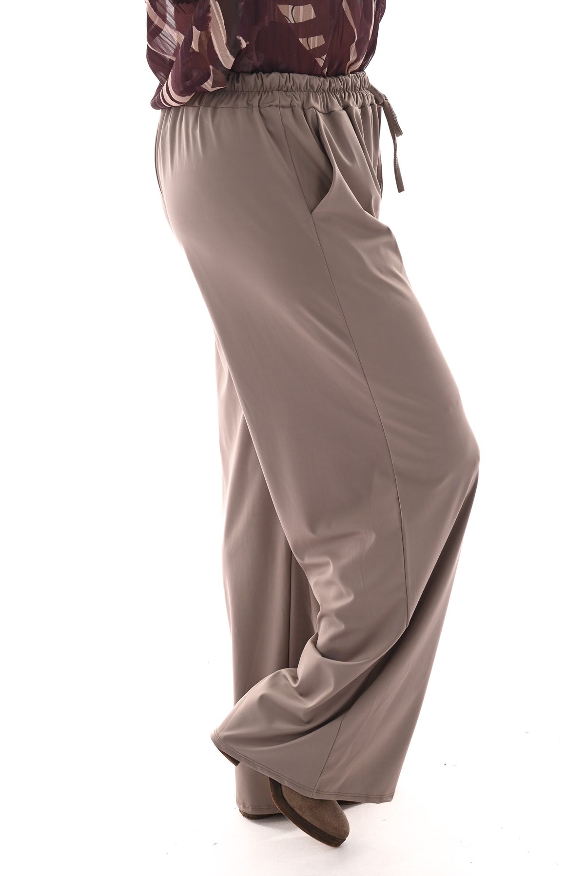 Wijde travel broek met aantrekkoord taupe