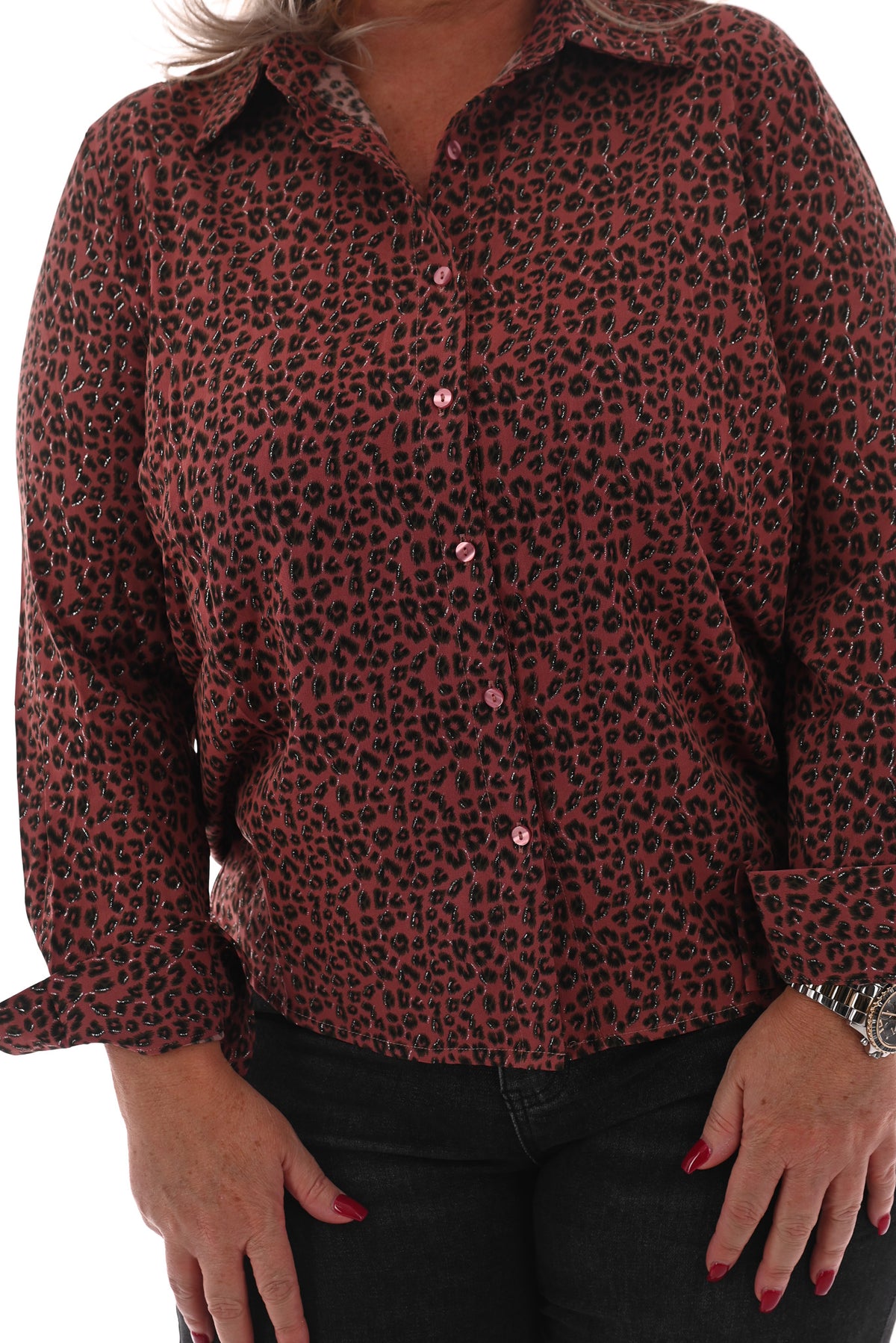 Blouse panterprint met glitter mauve