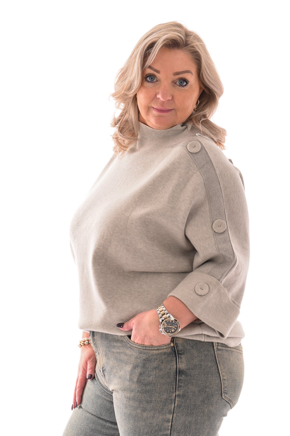 Top met glitterbies en grove knoop taupe