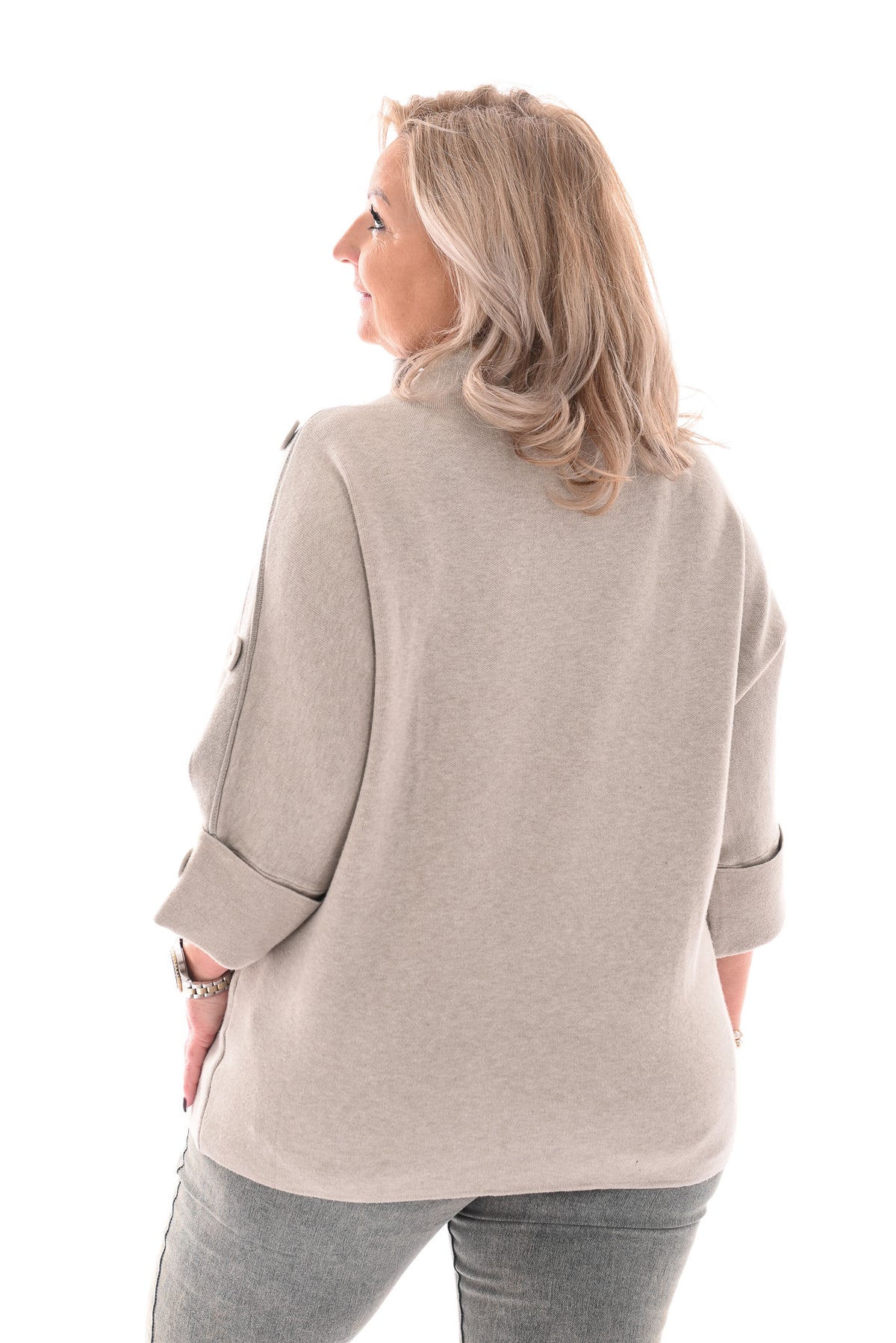 Top met glitterbies en grove knoop taupe