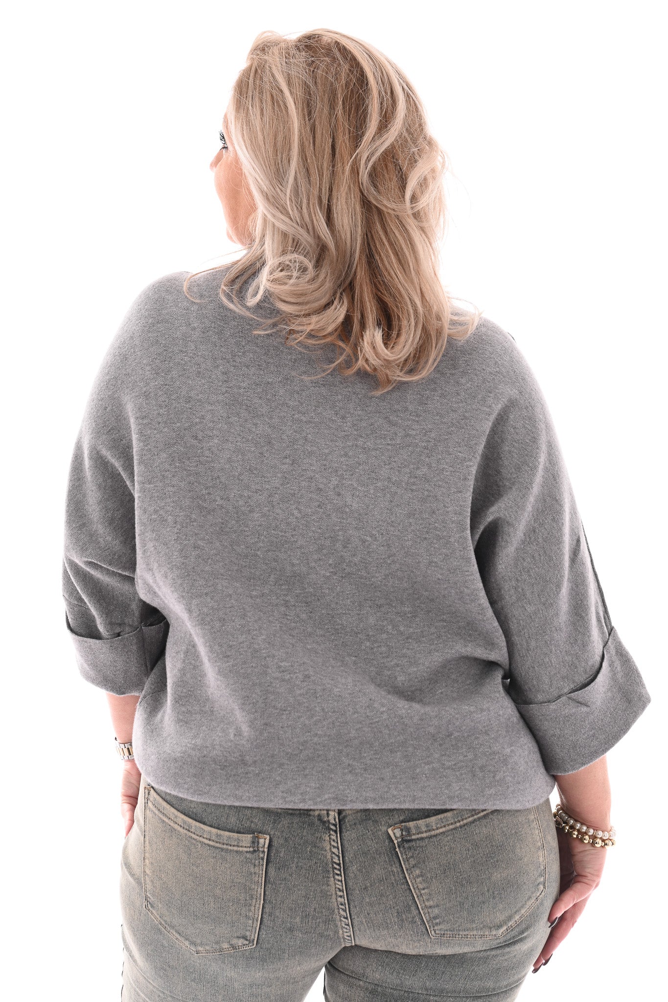 Top met glitterbies en grove knoop grijs