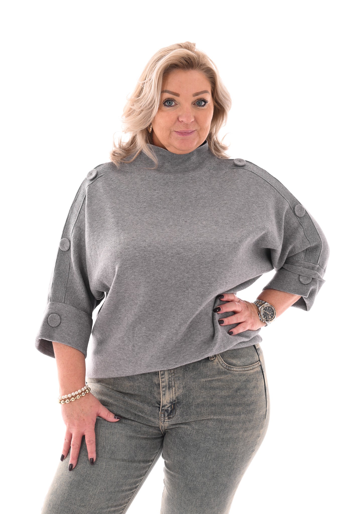 Top met glitterbies en grove knoop grijs