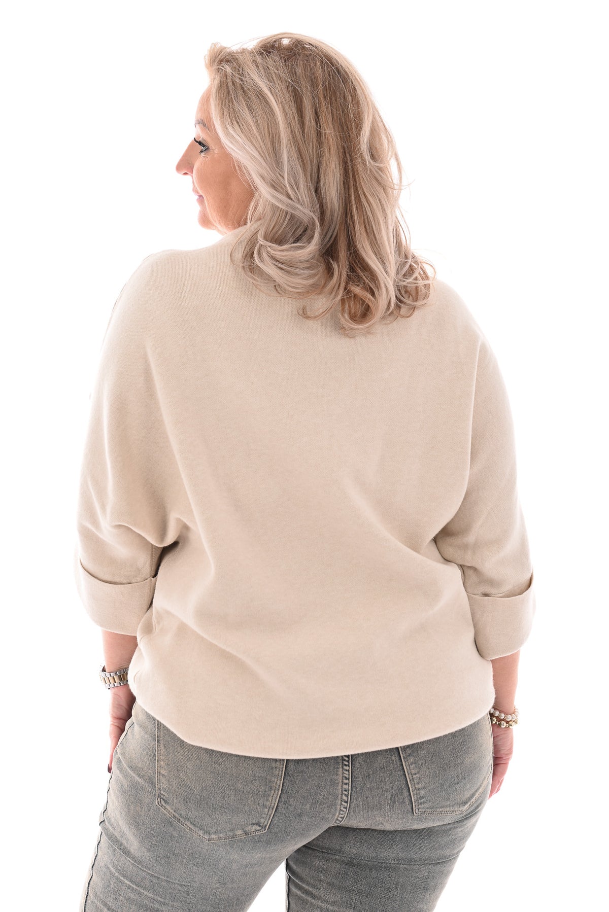 Top met glitterbies en grove knoop beige