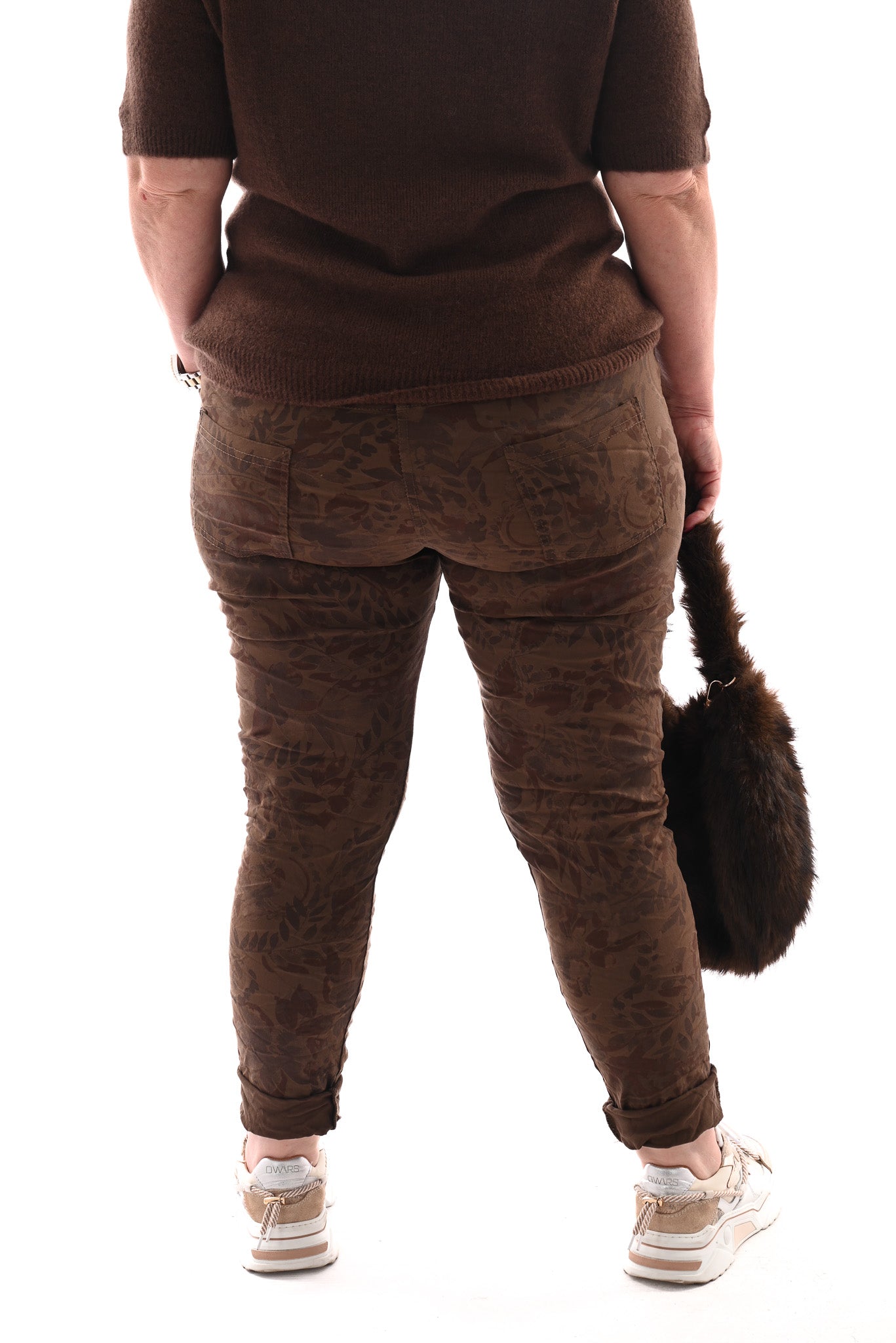 Stretchbroek bloemenprint bruin
