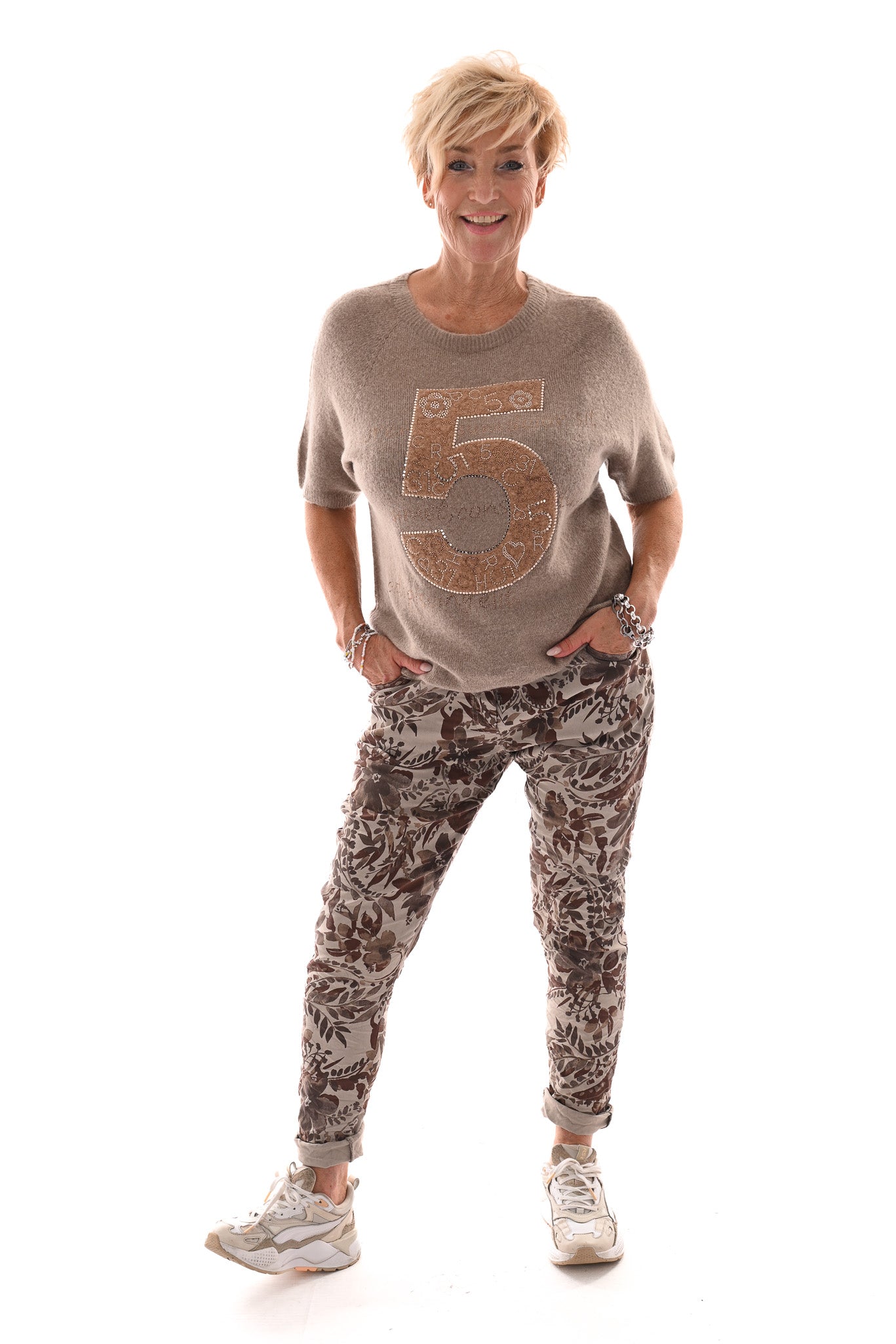 Stretchbroek bloemenprint beige