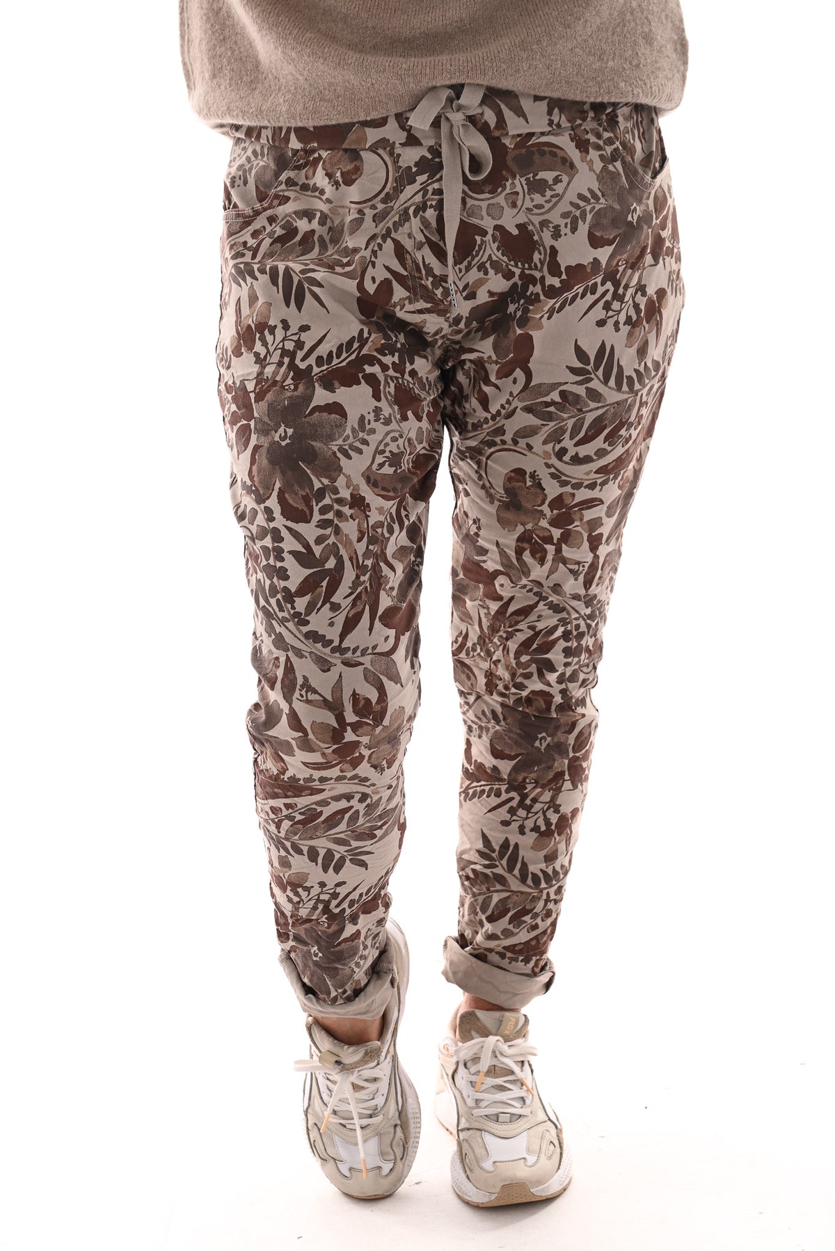 Stretchbroek bloemenprint beige