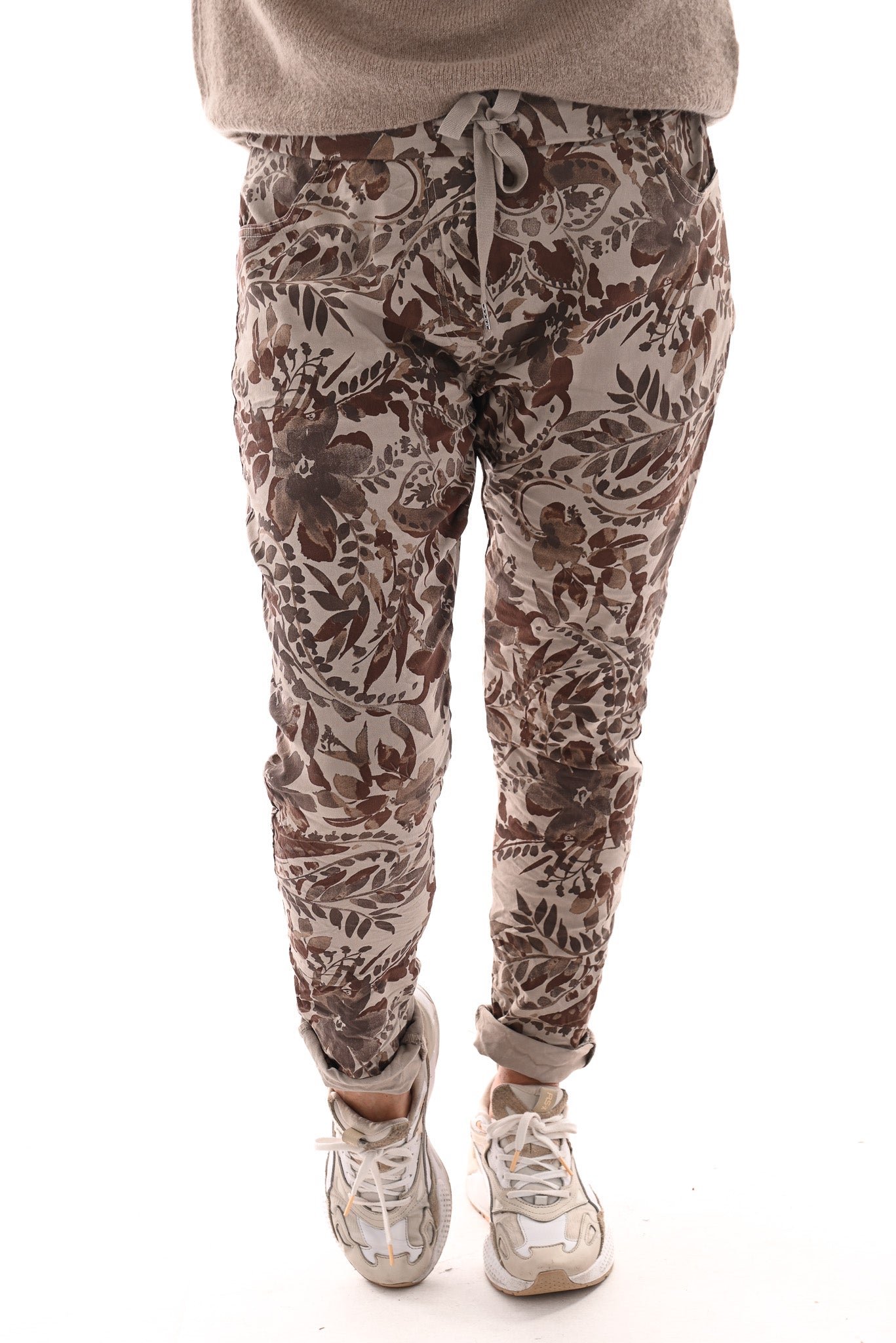 Stretchbroek bloemenprint beige