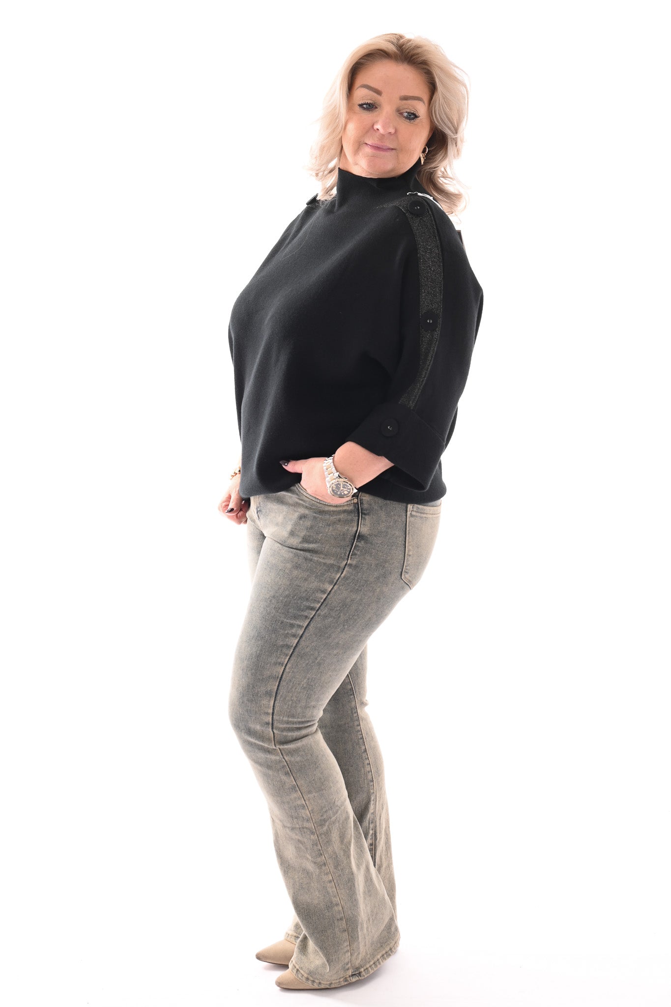 Top met glitterbies en grove knoop zwart