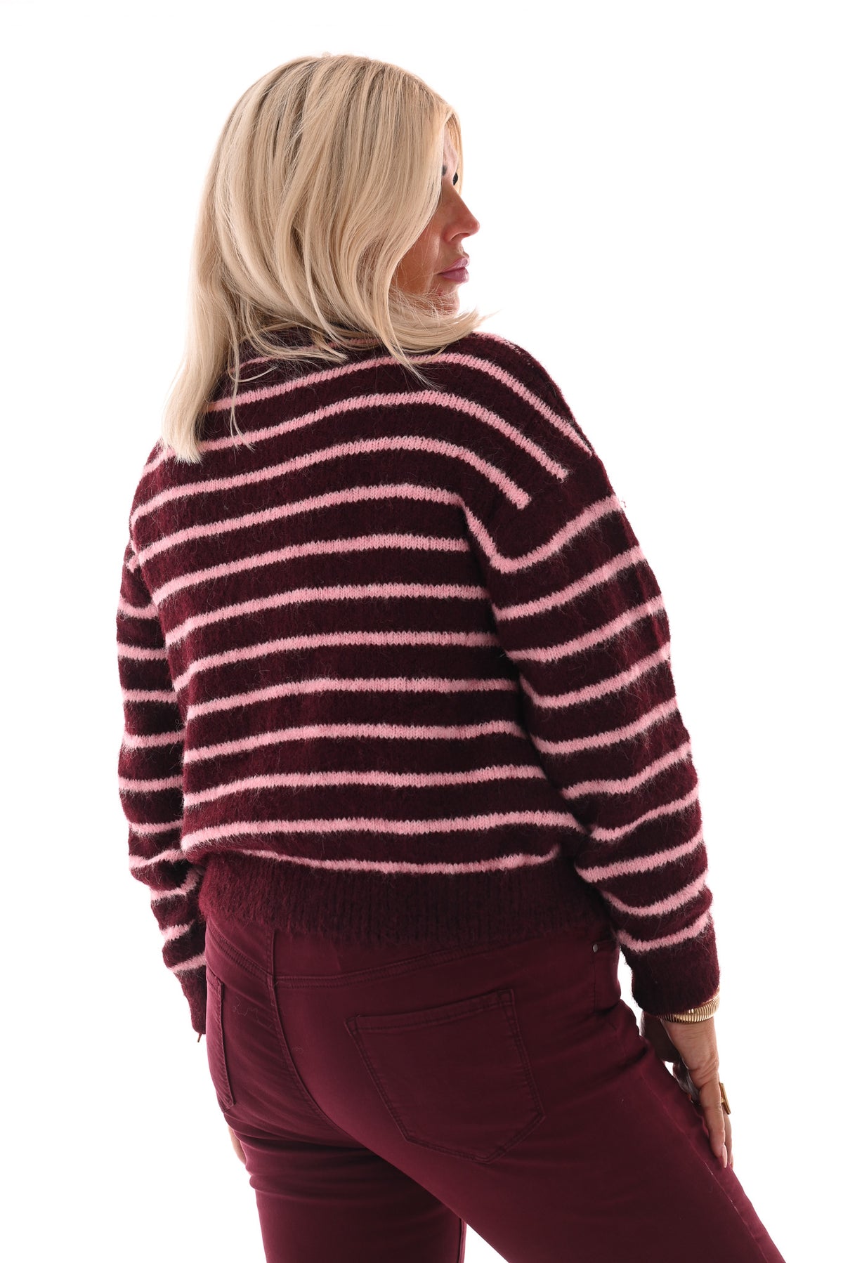 Fijn gebreid vest strepen bordeaux/roze