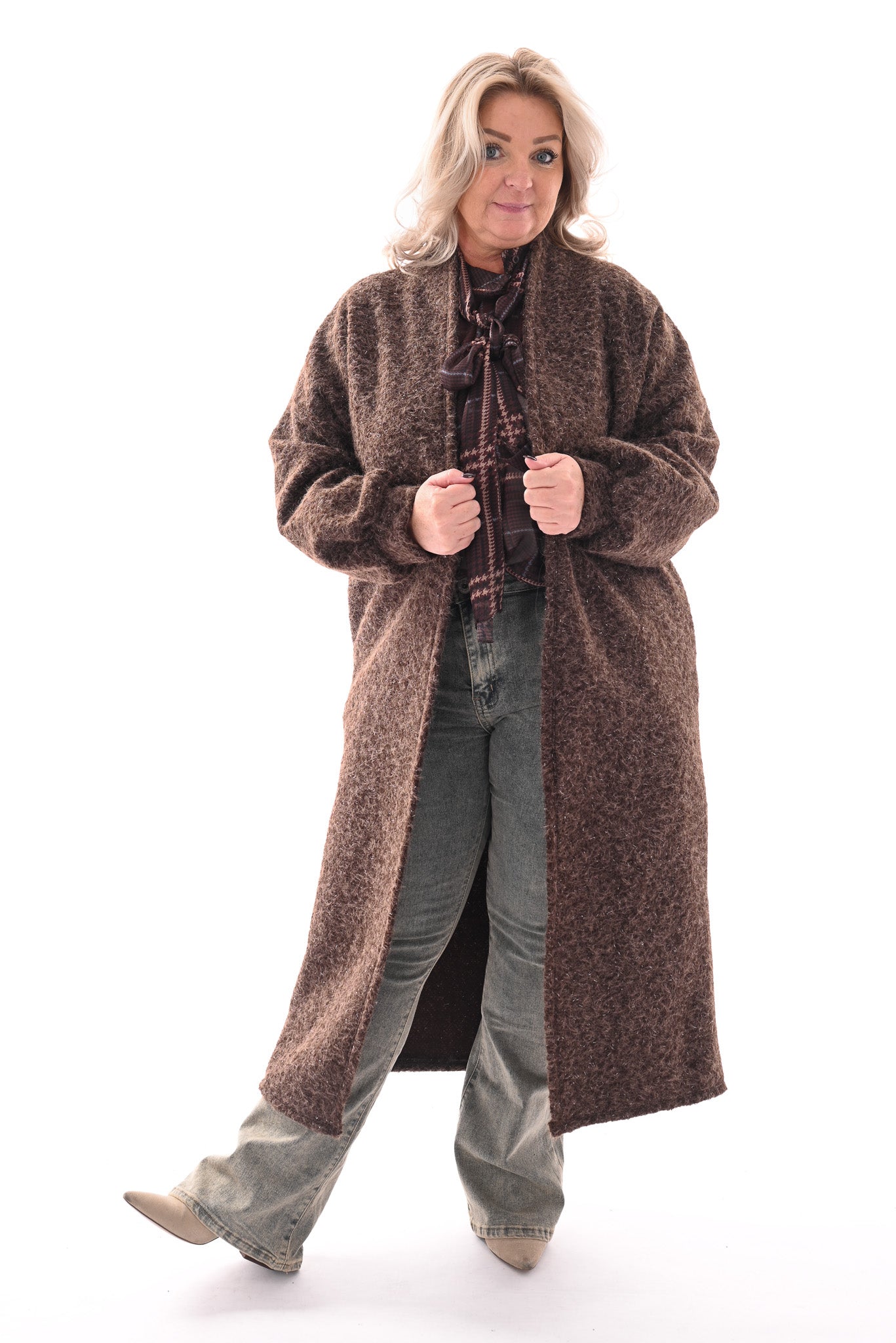 Wavy boucle vest lang donkerbruin