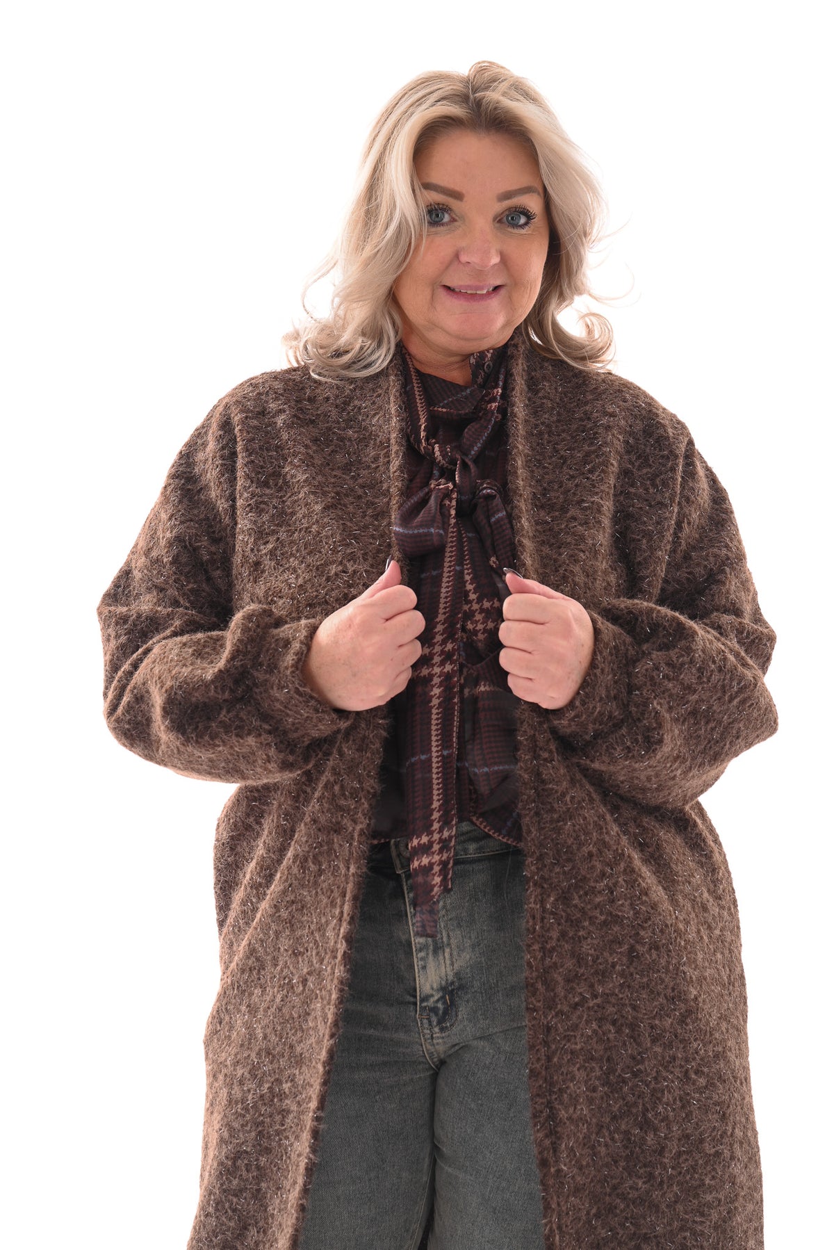 Wavy boucle vest lang donkerbruin