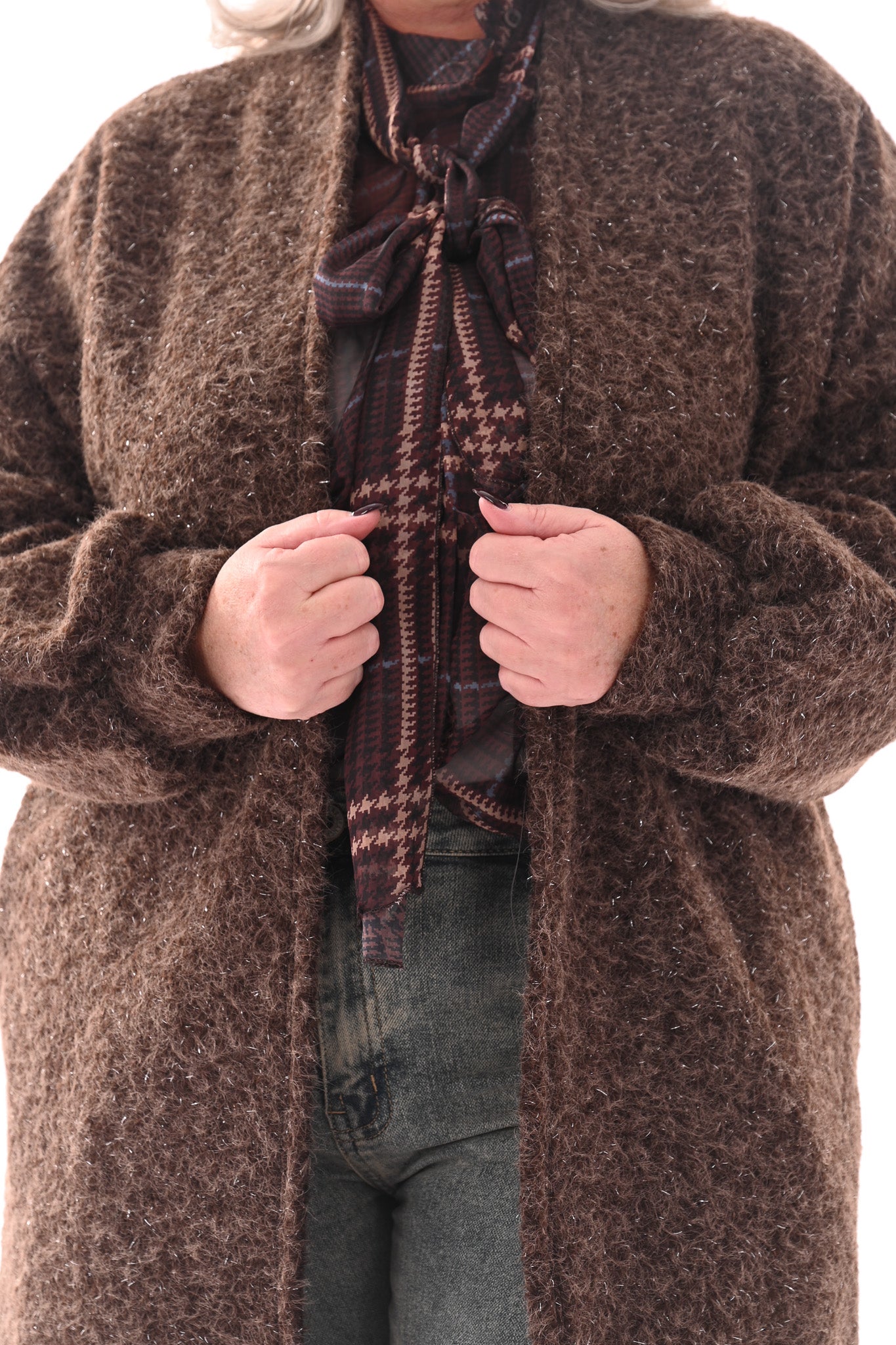 Wavy boucle vest lang donkerbruin