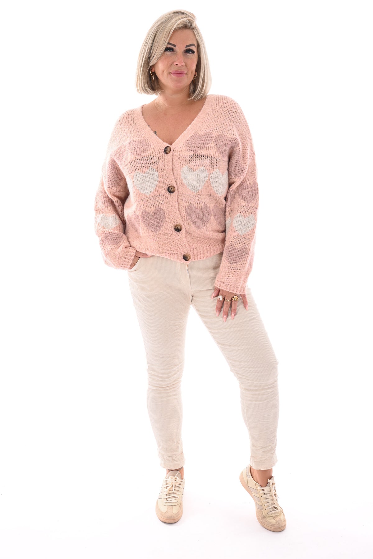 Fijn gebreid vest hartjes lichtroze