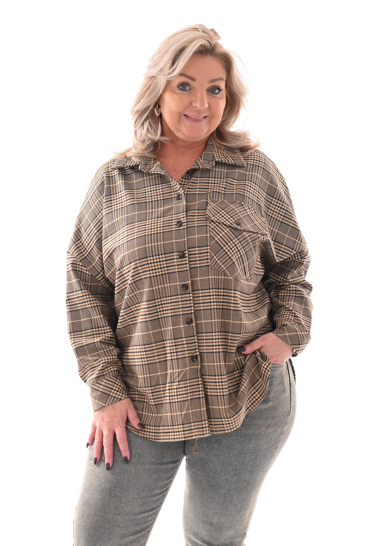 Blouse ruitprint beige