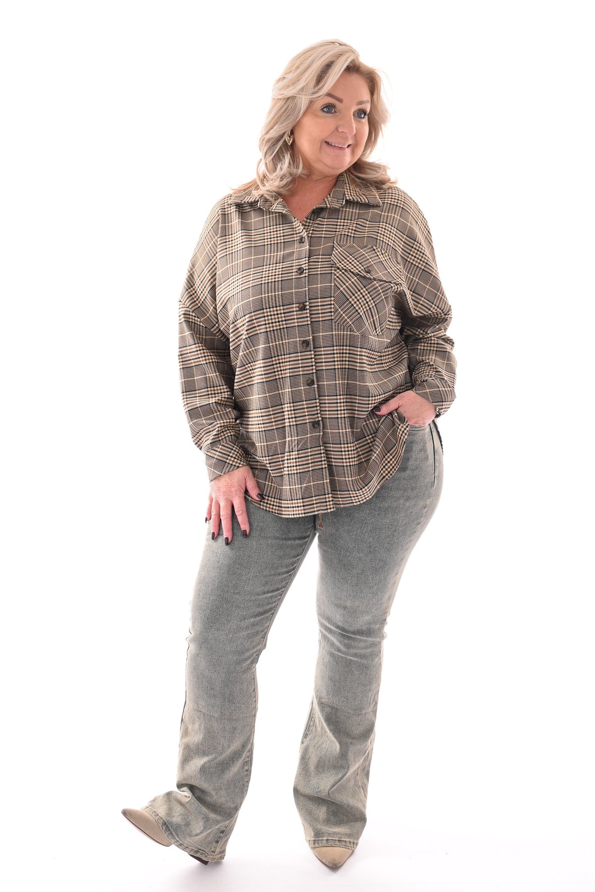 Blouse ruitprint beige