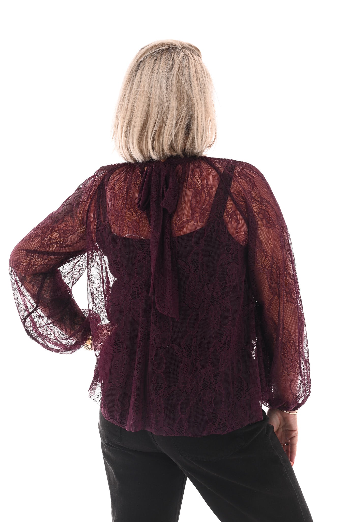 Kanten top roezels met strik achterkant aubergine