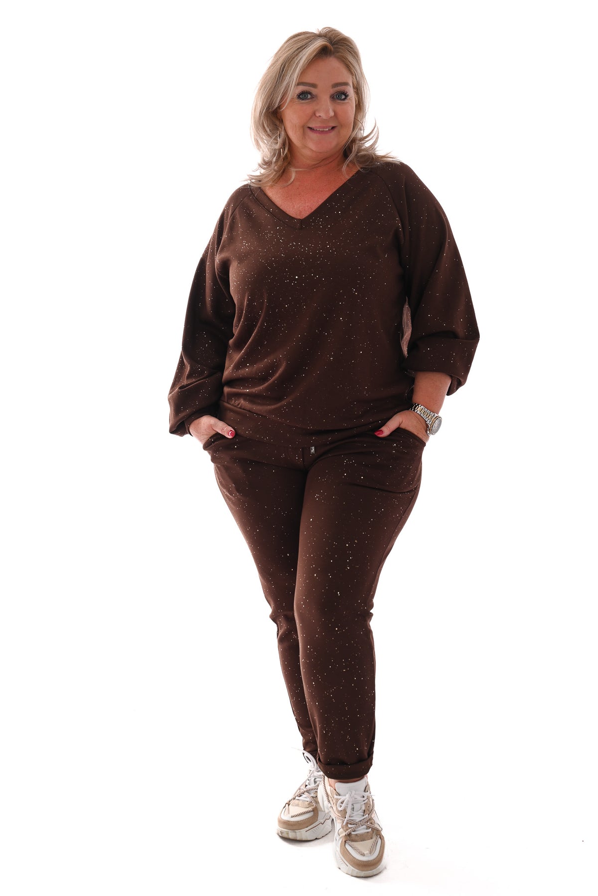 Tweedelig joggingset gouden glitter donkerbruin