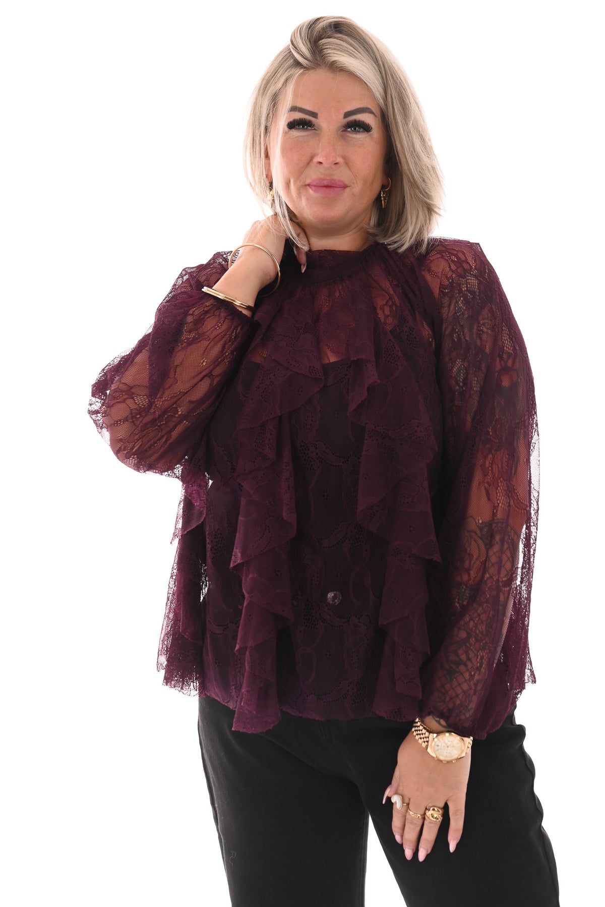 Kanten top roezels met strik achterkant aubergine