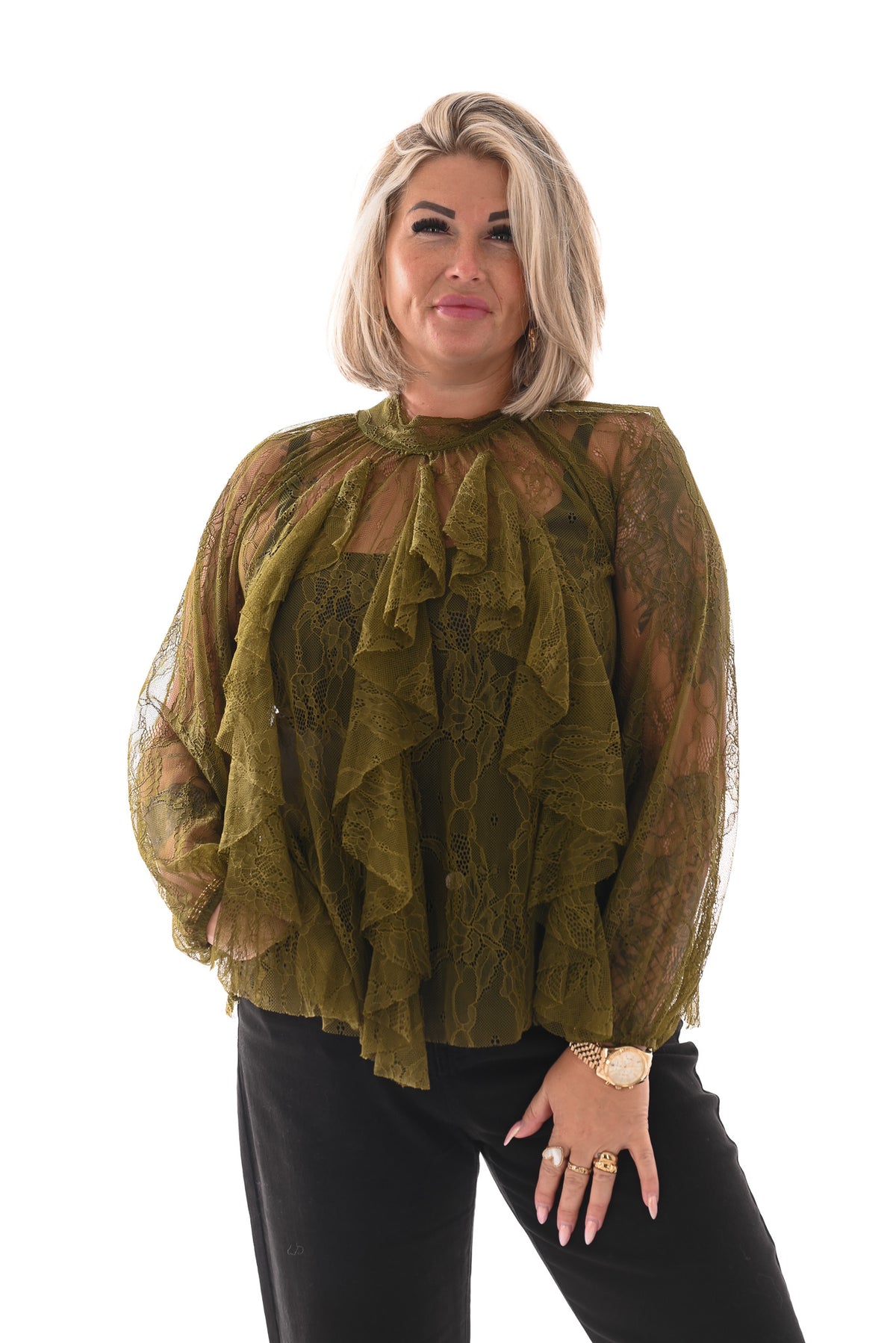 Kanten top roezels met strik achterkant groen