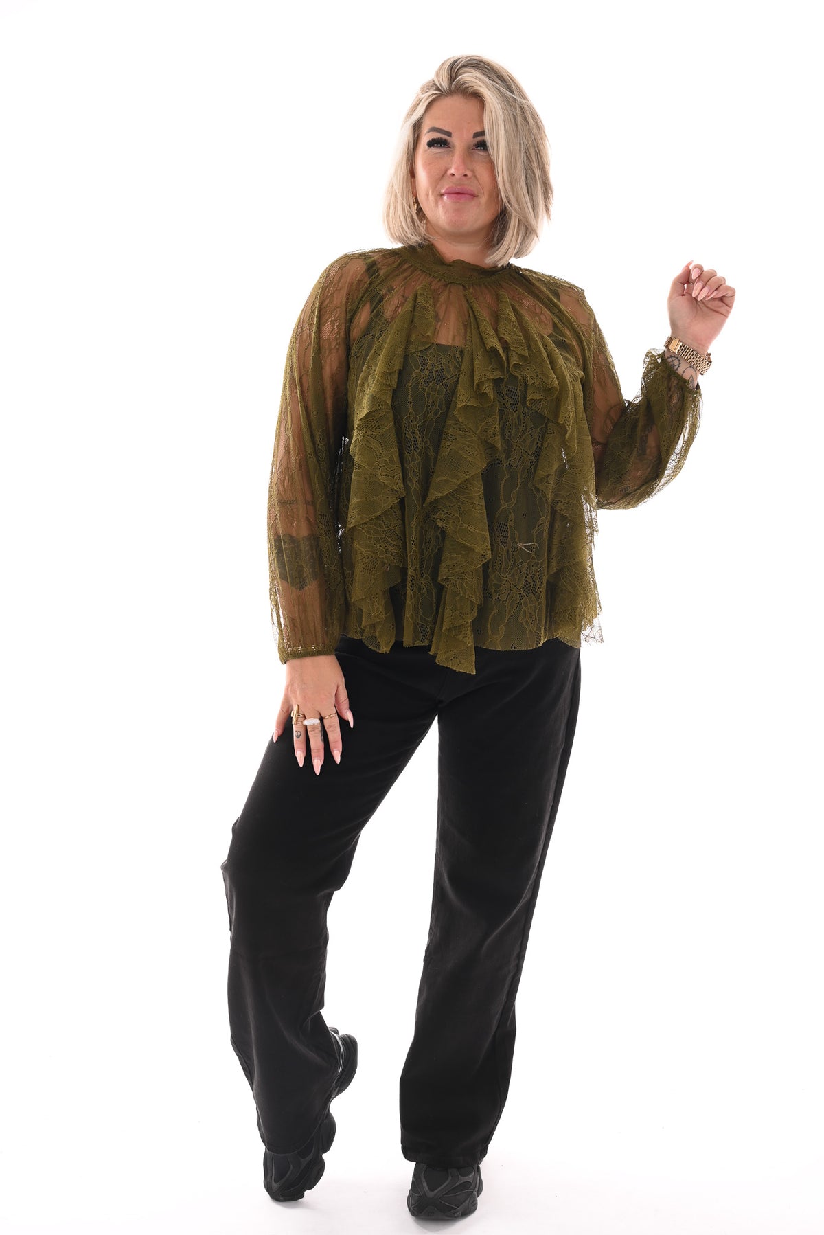 Kanten top roezels met strik achterkant groen