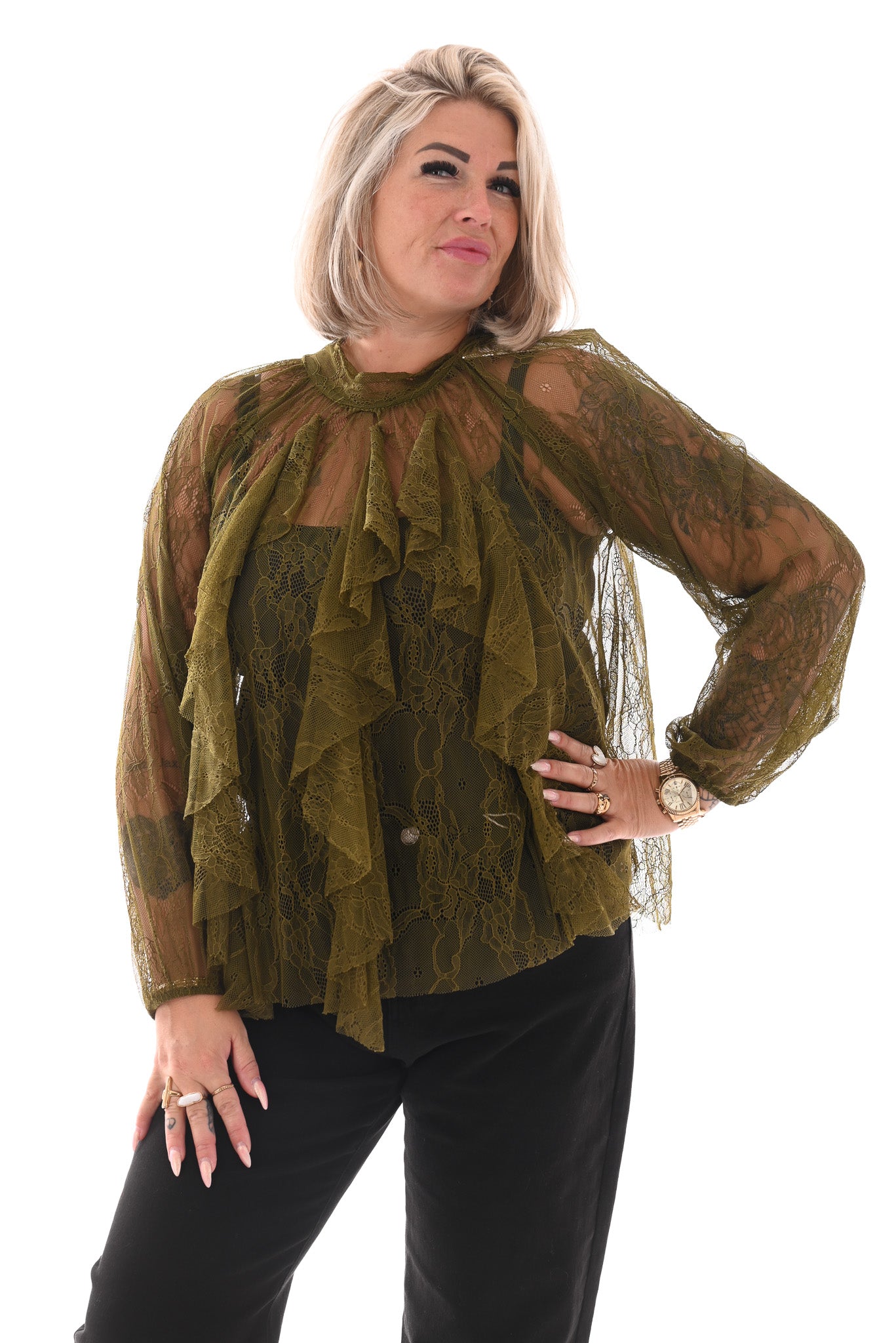 Kanten top roezels met strik achterkant groen