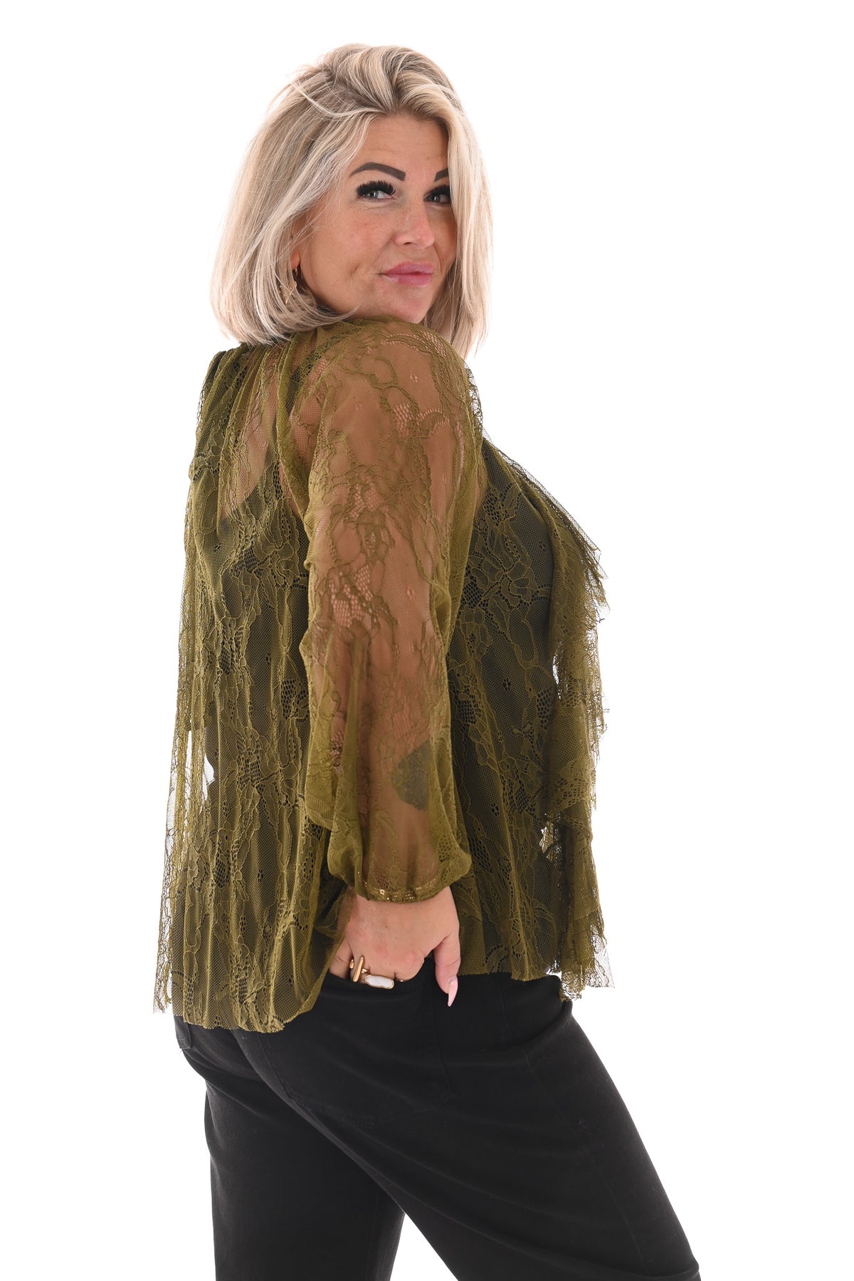 Kanten top roezels met strik achterkant groen