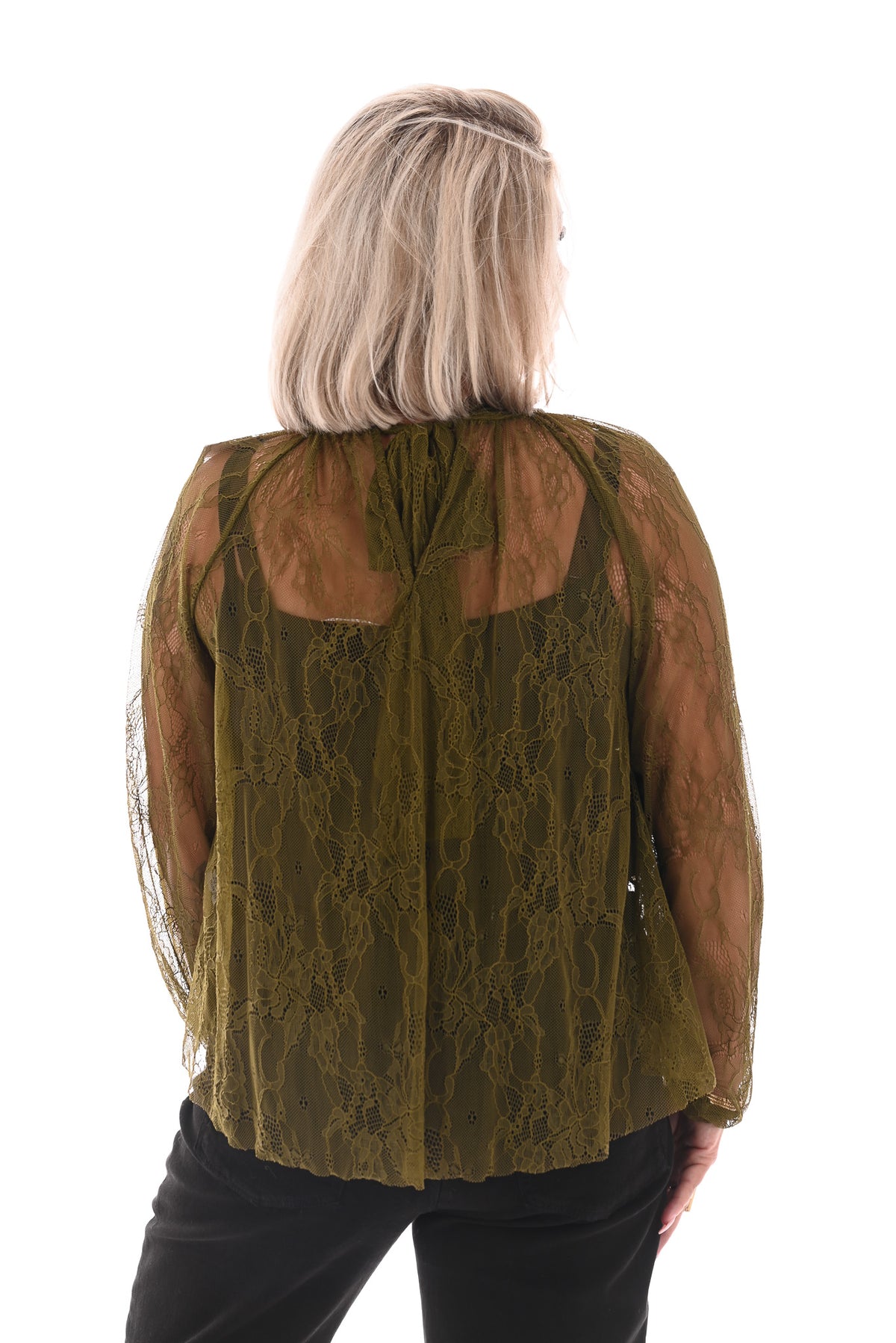 Kanten top roezels met strik achterkant groen