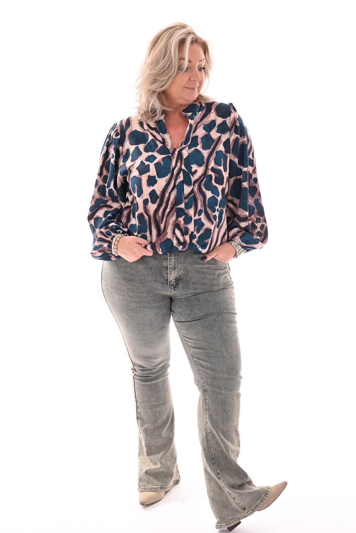 Top lange mouwen v-hals vlekken petrol