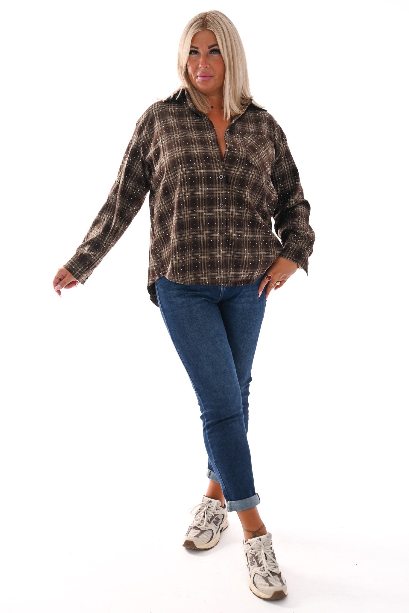 Houthakkers blouse met strass en borstzak bruin
