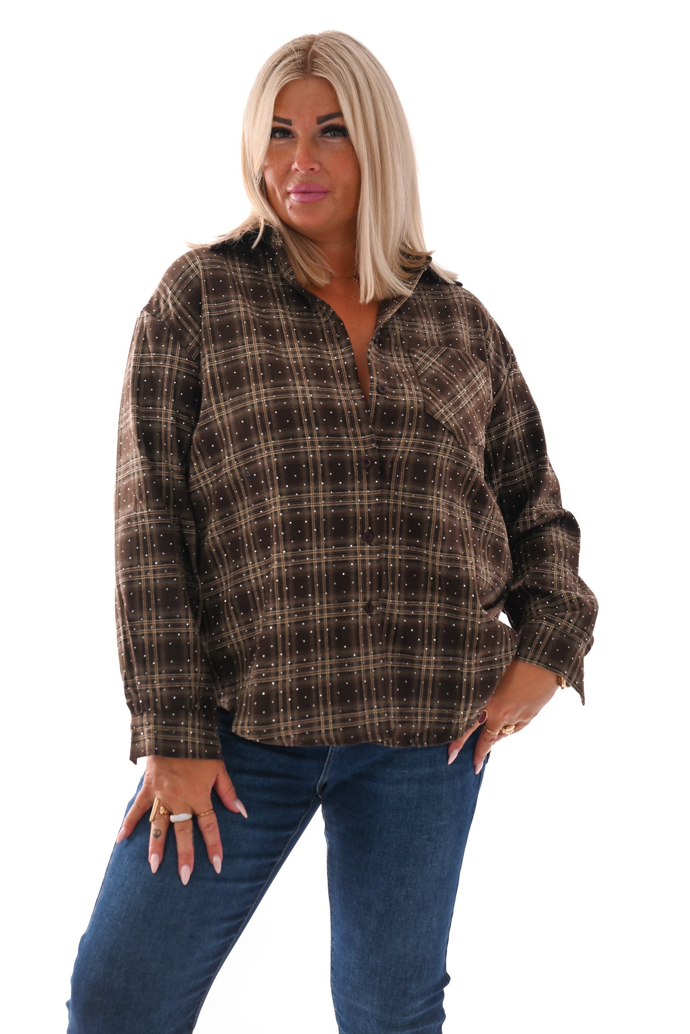 Houthakkers blouse met strass en borstzak bruin