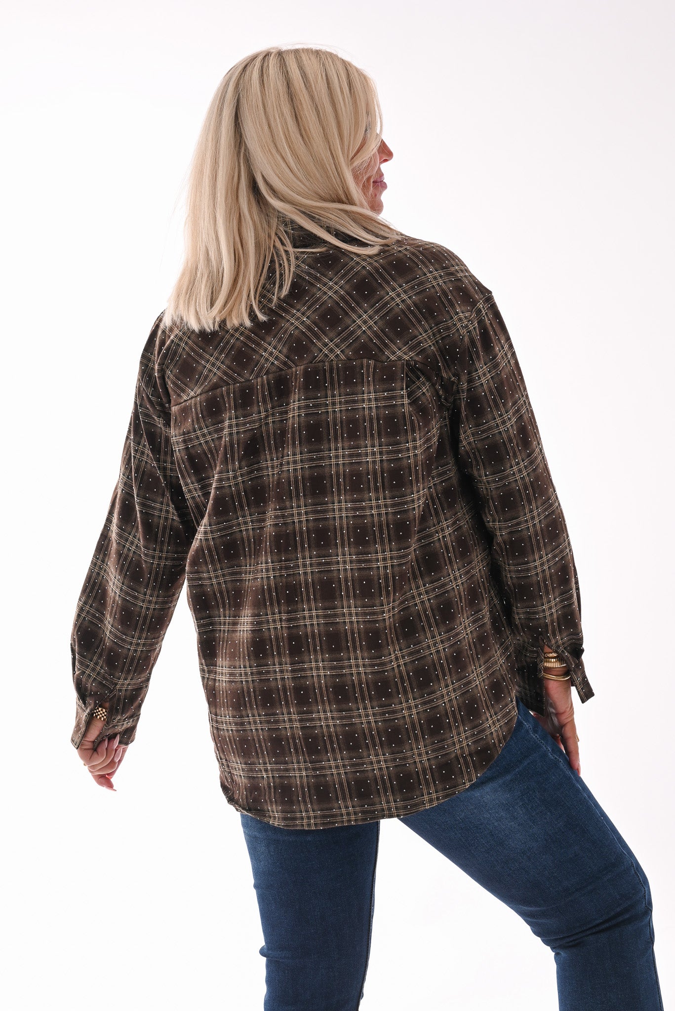 Houthakkers blouse met strass en borstzak bruin