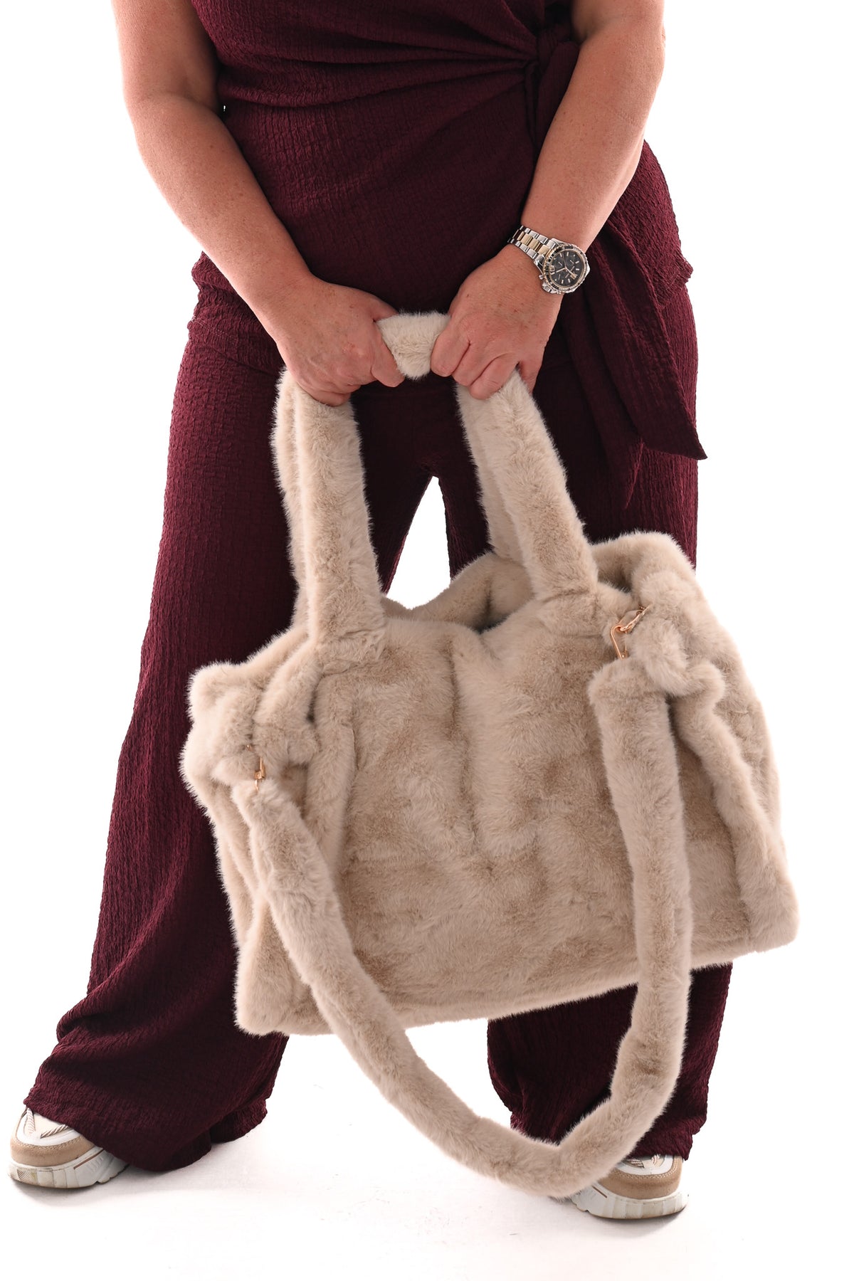 Faux fur shopper beige