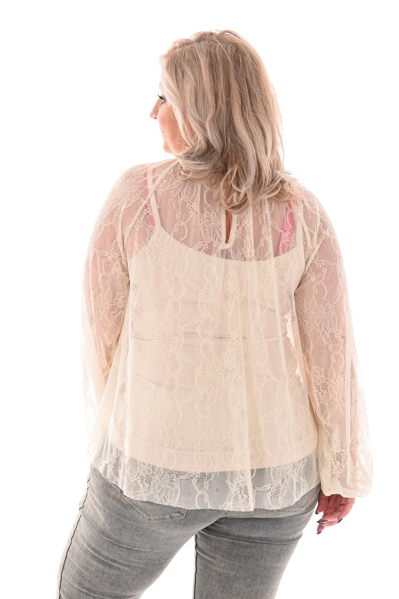 Kanten top roezels met strik achterkant creme