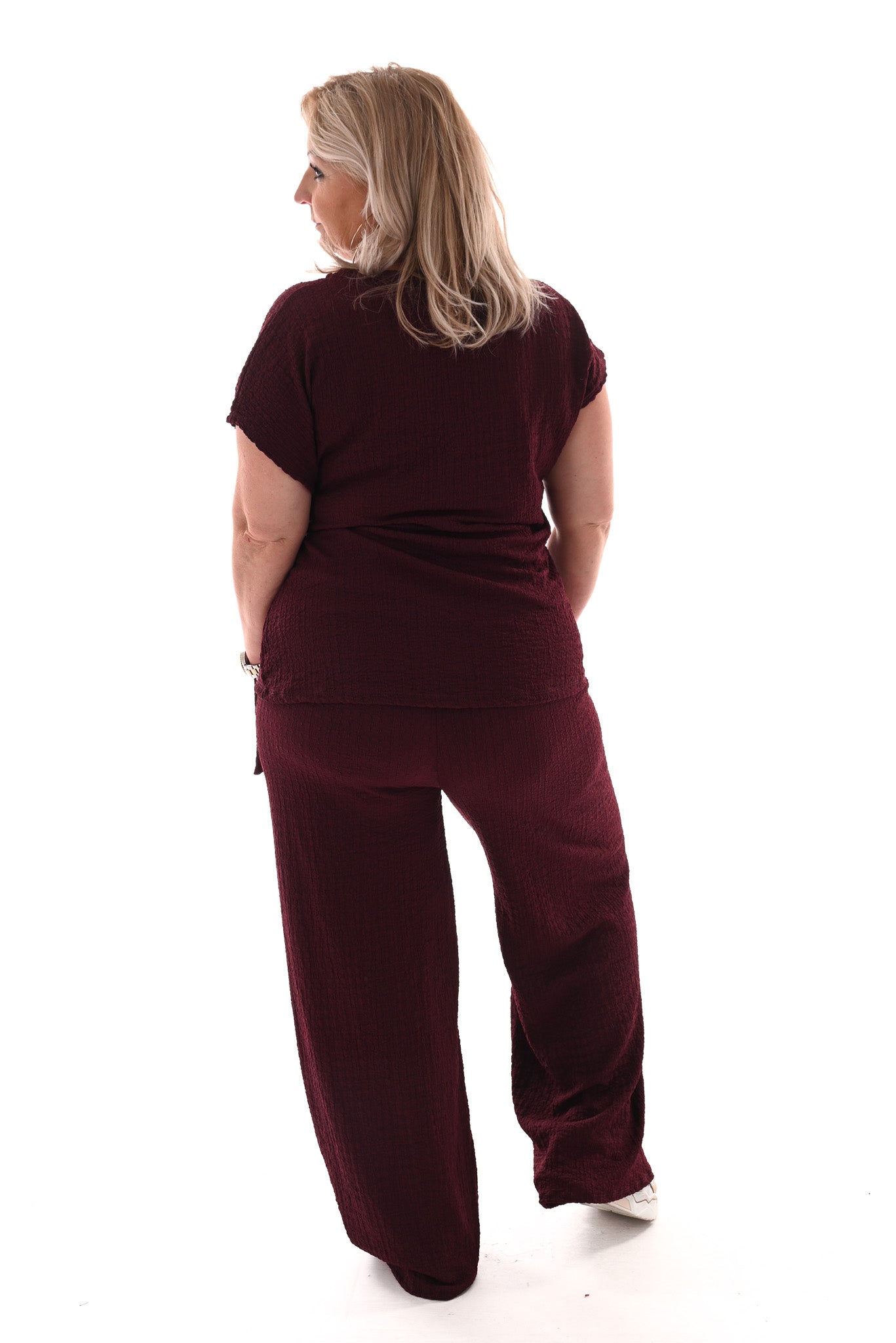 Tweedelig set crepe met knoop bordeaux